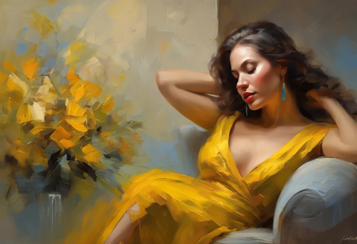 A painting of a woman with her eyes closed, leaning on her hand smiling, wearing a beautiful yellow dress, with exposed cleavage, ((golden ratio}} laying on the sofa after a long night on the town, a sensual painting, a Beautiful expressive painting, Wadim Kashin. Ultra photo realism, Louise Ross, digital painting art, Perceptual digital painting, Stylish digital painting, Bonito painting, glossy digital painting, beautiful digital painting, digital art painting, Fine paintings, ((Rod acrylic paint)).