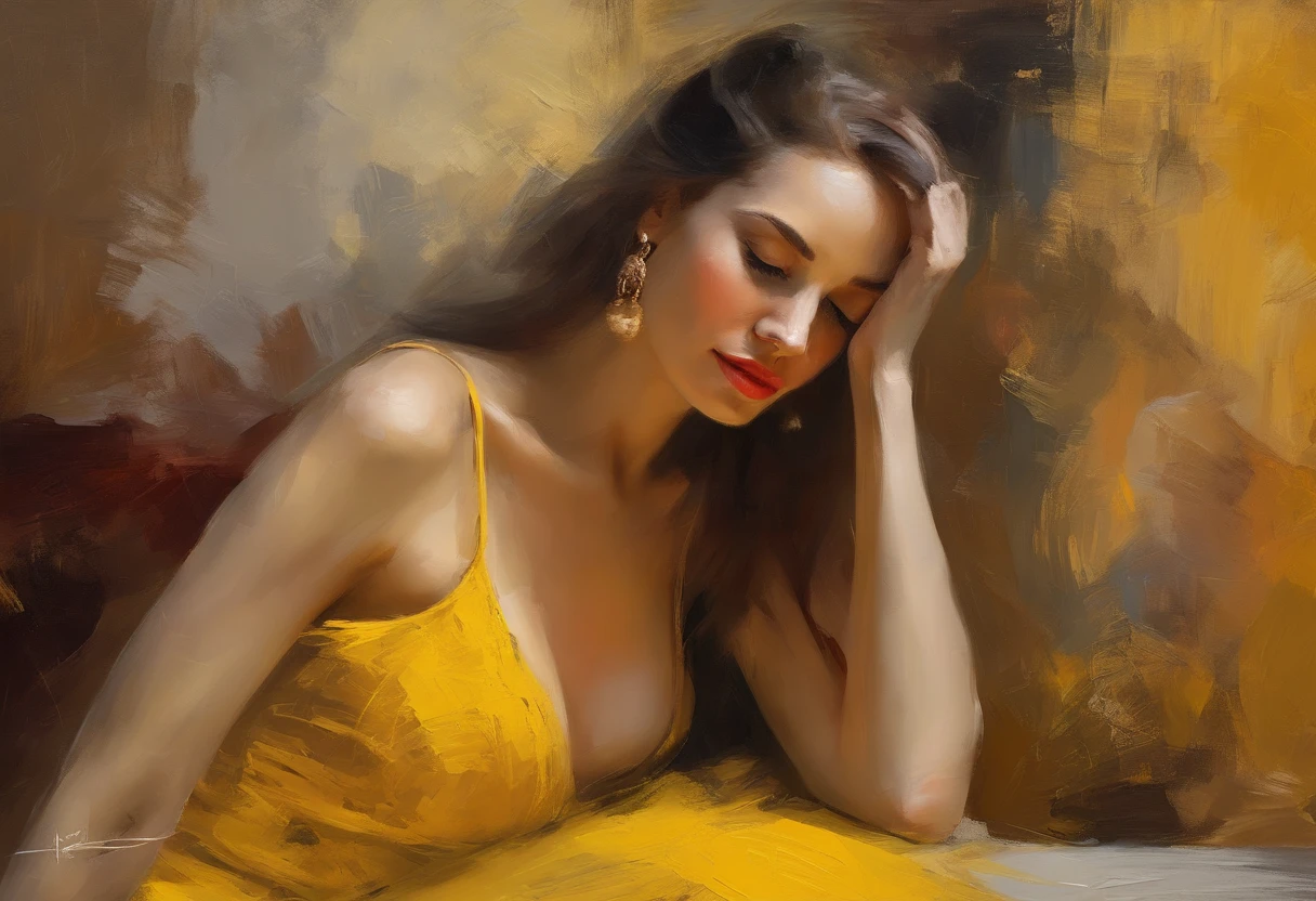 A painting of a woman with her eyes closed, leaning on her hand smiling, wearing a beautiful yellow dress, with exposed cleavage, ((golden ratio}} laying on the sofa after a long night on the town, a sensual painting, a Beautiful expressive painting, Wadim Kashin. Ultra photo realism, Louise Ross, digital painting art, Perceptual digital painting, Stylish digital painting, Bonito painting, glossy digital painting, beautiful digital painting, digital art painting, Fine paintings, ((Rod acrylic paint)).