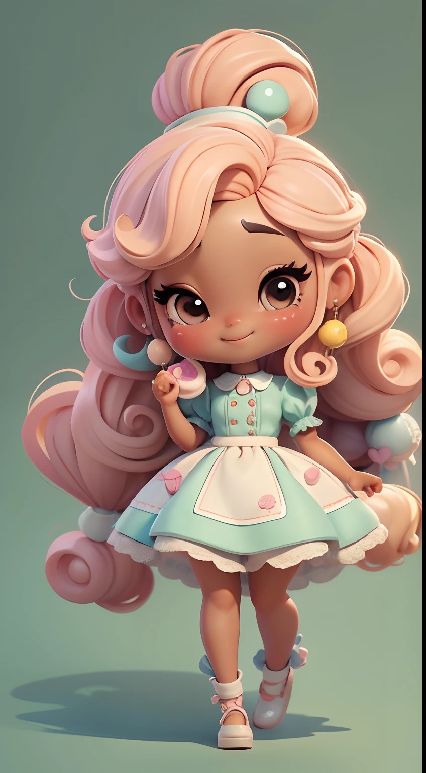 Create a series of cute black skinned afro dolls chibi style with a cute candyland chef theme, each with lots of detail and in an 8K resolution. All dolls should follow the same candyland candy wallpaper pattern and be complete in the image, mostrando o (corpo inteiro, incluindo as pernas: 1.5)
Boneca candyland f: Chame-a de Marina. Ela deve ter cabelos pequenos em tom amarelo pastel. Seus olhos devem ser grandes e expressivos, with long eyelashes and rosy cheeks. Sorriso delicado e branco. Sophie deve estar vestida com uma roupa colorida, pastel hues, tons amarelo e detalhes doces;. She should hold a candy in her hands. Certifique-se de adicionar detalhes nas roupas, such as buttons and pockets, sapato bonito
Certifique-se de adicionar sombras, texturas e detalhes nos cabelos, roupas, doces e chocolate em barra, to make them even more adorable and charming.
