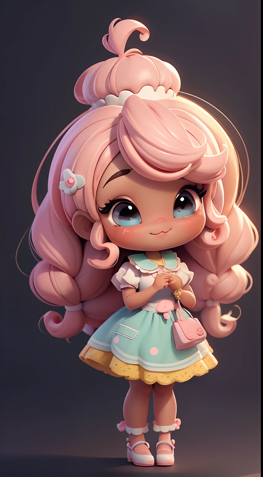 Create a series of cute black skinned afro dolls chibi style with a cute candyland chef theme, each with lots of detail and in an 8K resolution. All dolls should follow the same candyland candy wallpaper pattern and be complete in the image, mostrando o (corpo inteiro, incluindo as pernas: 1.5)
Boneca candyland f: Chame-a de Marina. Ela deve ter cabelos pequenos em tom amarelo pastel. Seus olhos devem ser grandes e expressivos, with long eyelashes and rosy cheeks. Sorriso delicado e branco. Sophie deve estar vestida com uma roupa colorida, pastel hues, tons amarelo e detalhes doces;. She should hold a candy in her hands. Certifique-se de adicionar detalhes nas roupas, such as buttons and pockets, sapato bonito
Certifique-se de adicionar sombras, texturas e detalhes nos cabelos, roupas, doces e chocolate em barra, to make them even more adorable and charming.
