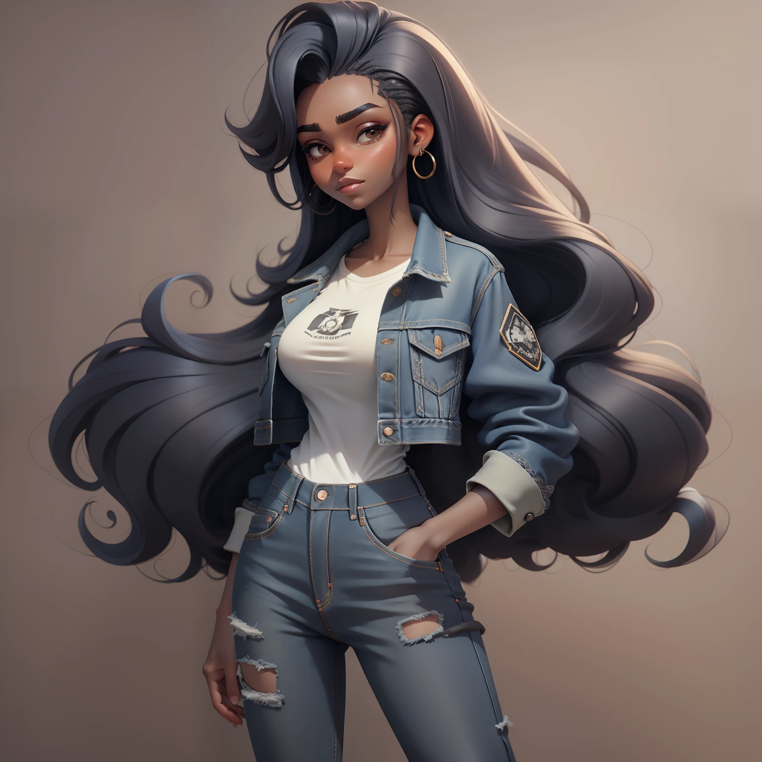 Garota pele branca, cabelo longo preto com mecha roxa na frente, camisa branca, jaqueta preta couro, Denim Jeans Pants, fundo branco