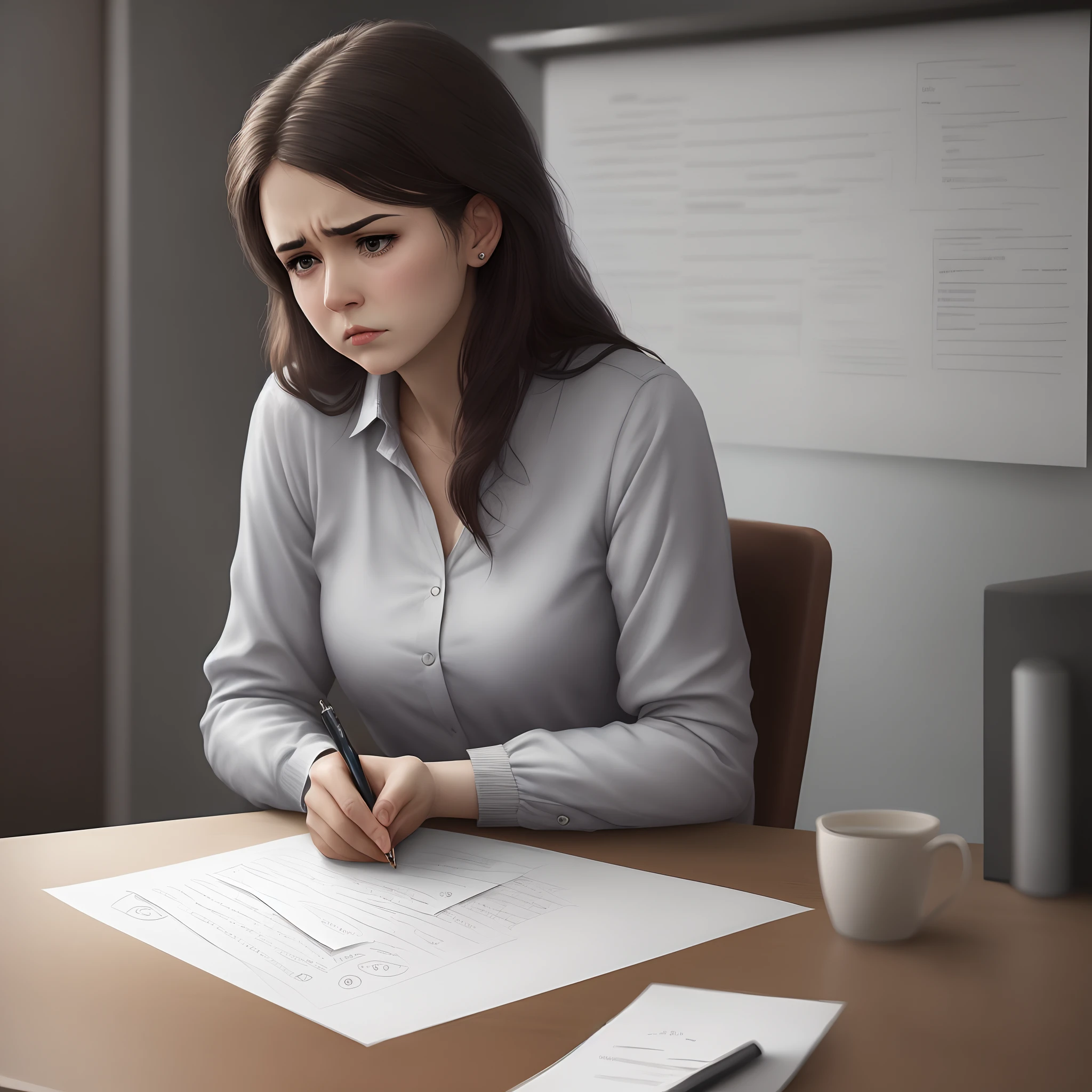 A woman sign paper in sad mood realistic
