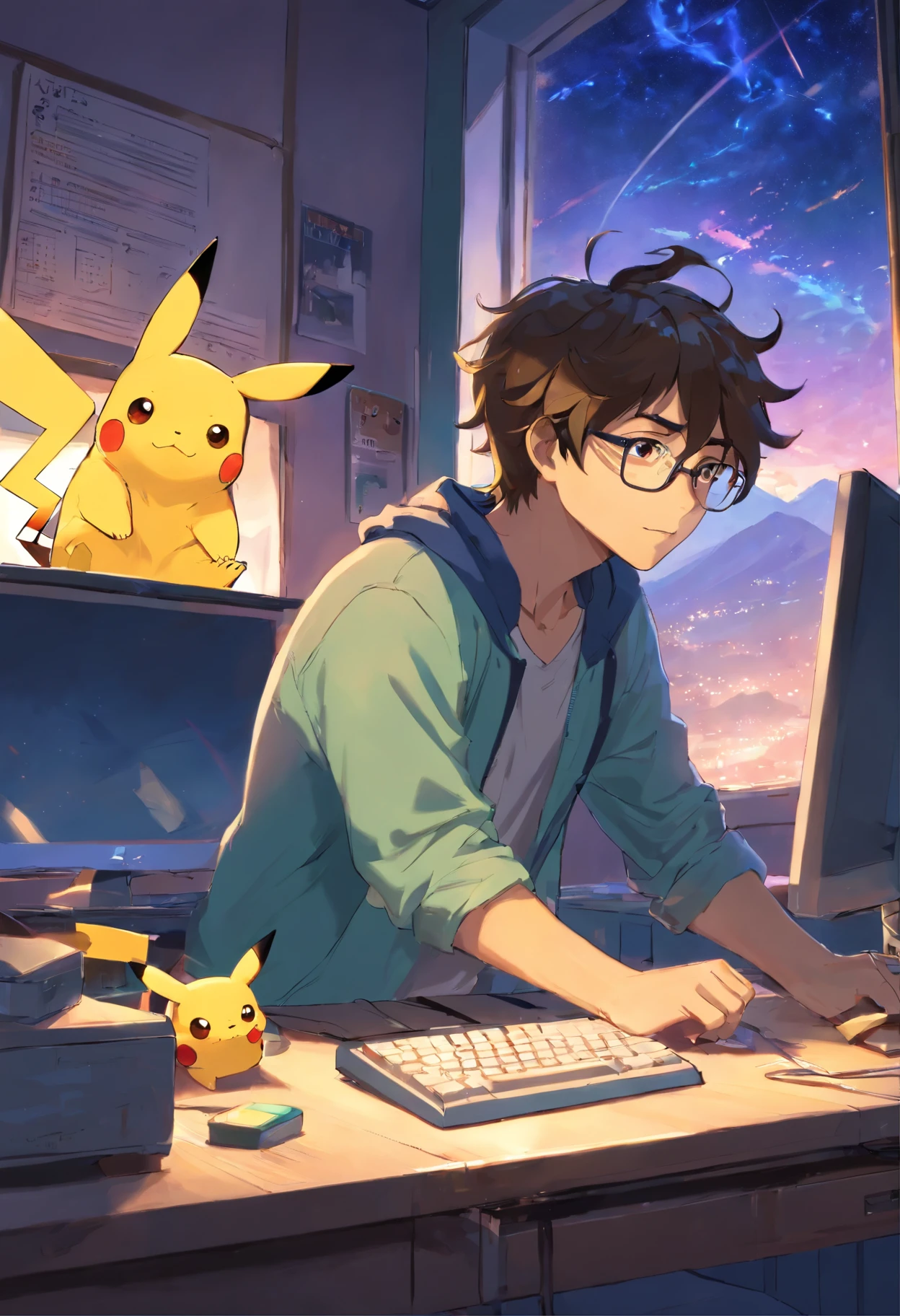 homem jovem, with wavy hair wearing glasses and playing at the computer in the bedroom, com um pikachu no colo de noite