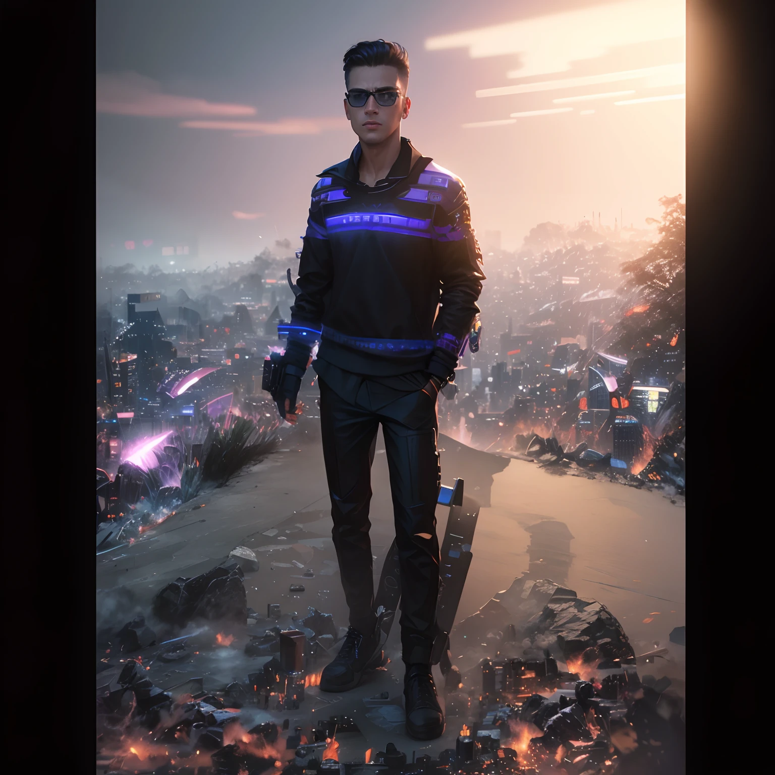 Change background cyberpunk handsome boy, realistic face, 8k ultra realistic