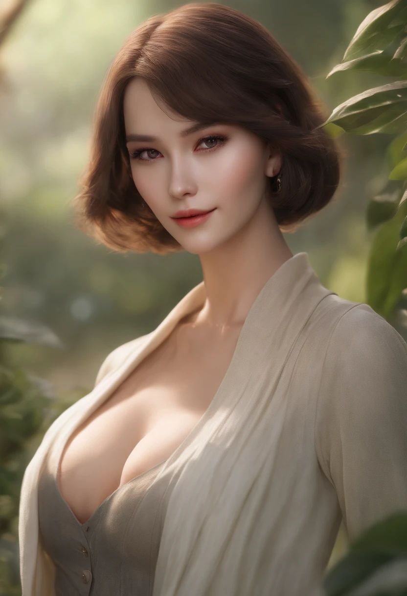 ((Best quality, 8k, Masterpiece :1.3)), 1girl, Pretty woman with slender abs :1.3, (Medium-short hair, Huge breasts :1.2), Cardigan :1.1, Ultra-detailed face, Detailed eyes, Double eyelid