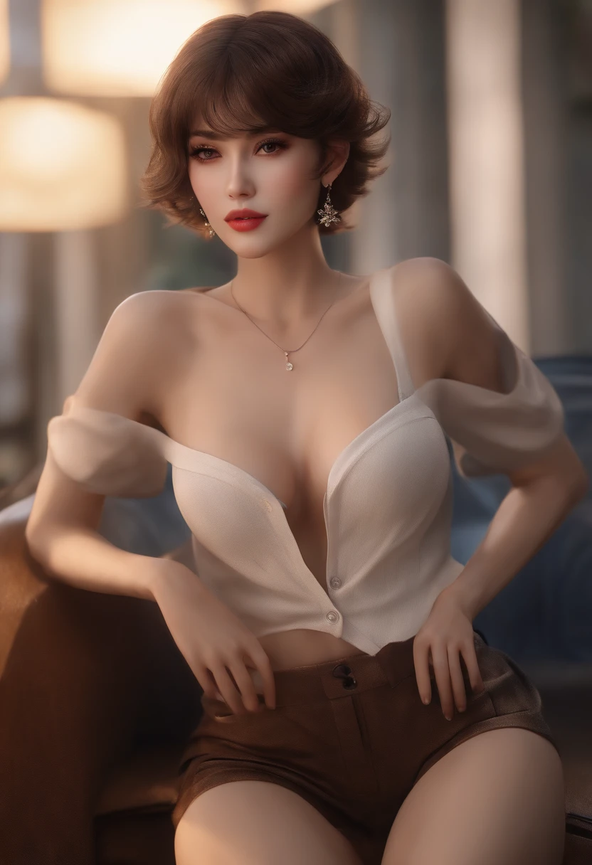 ((Best quality, 8k, Masterpiece :1.3)), 1girl, Pretty woman with slender abs :1.3, (Medium-short hair, Huge breasts :1.2), Cardigan :1.1, Ultra-detailed face, Detailed eyes, Double eyelid