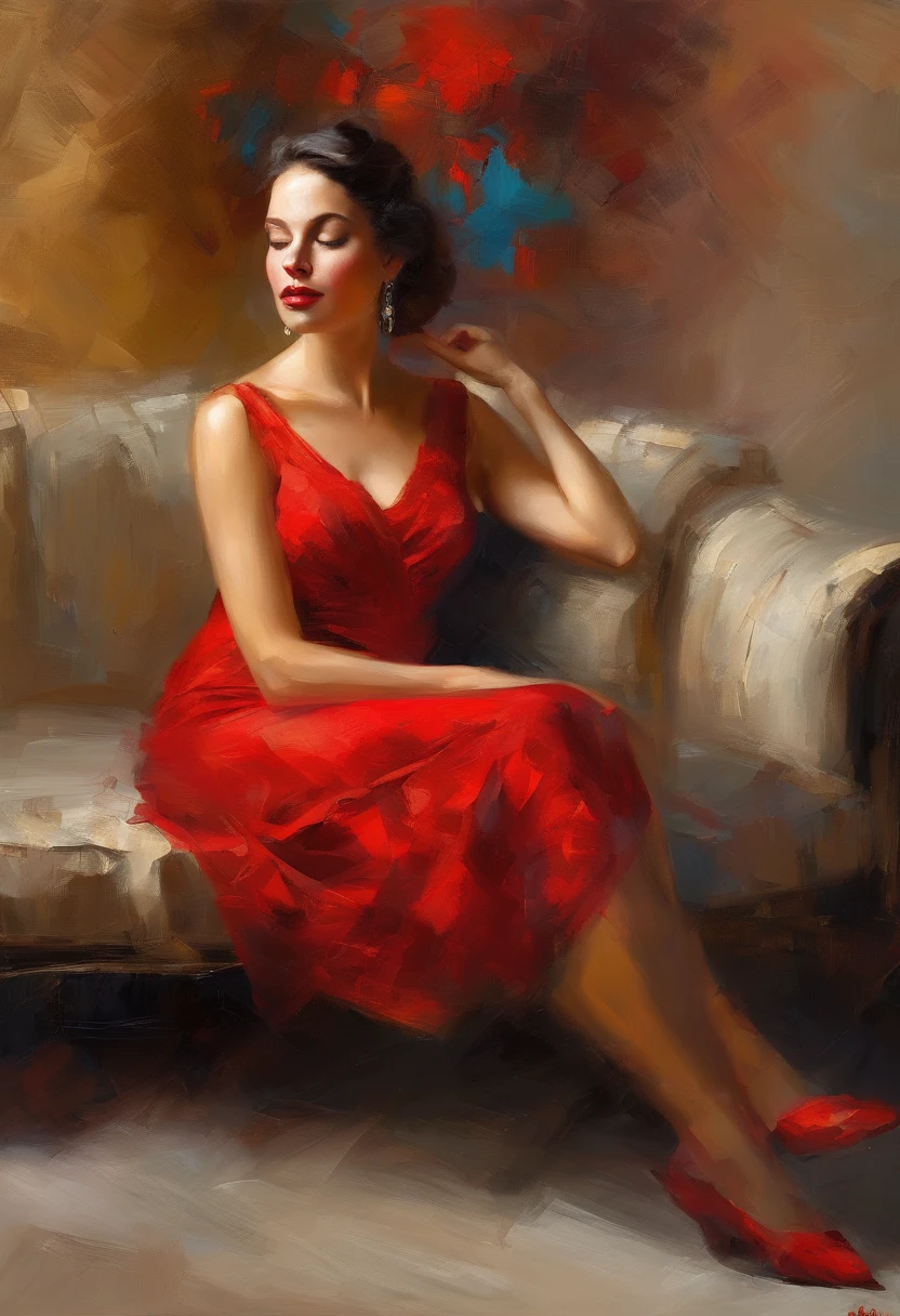 A painting of a woman with her eyes closed, 1930s ((golden ratio}} laying on the sofa after a long night on the town, a sensual painting, a Beautiful expressive painting, Wadim Kashin. Ultra photo realism, Louise Ross, digital painting art, Perceptual digital painting, Stylish digital painting, Bonito painting, glossy digital painting, beautiful digital painting, digital art painting, Fine paintings, ((Rod acrylic paint)).