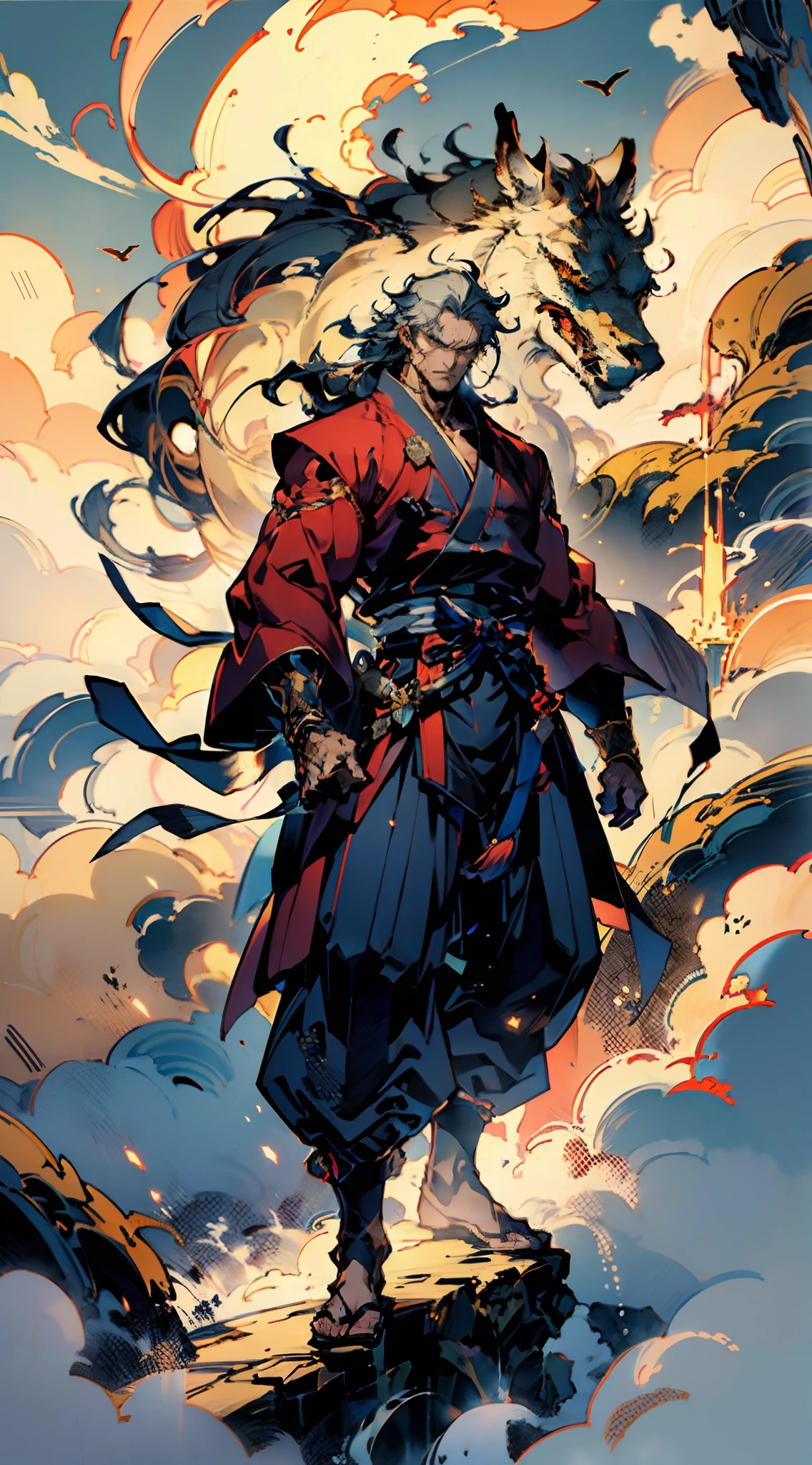 A man with disheveled long hair, a cascade of unruly locks, a handsome countenance, a carefree expression, tall and slender, wears a light-colored Chinese-style undershirt, over which he layers a loose dark-colored long daoist robe, long and wide sleeves, wears dark pants, surrounded by colorful clouds and mist, stands amidst a colorful sea of clouds and mist, this character embodies a finely crafted fantasy-style Chinese martial artist character in anime style, characterized by an exquisite and mature manga illustration art style, high definition, best quality, highres, ultra-detailed, ultra-fine painting, extremely delicate, professional, anatomically correct, symmetrical face, extremely detailed eyes and face, high quality eyes, creativity, RAW photo, UHD, 8k, Natural light, cinematic lighting, masterpiece:1.5