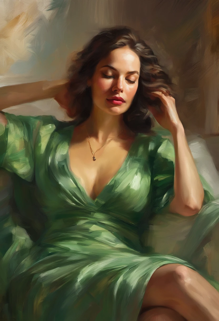 A painting of a woman with her eyes closed, leaning on her hand smiling, wearing a beautiful green dress, with exposed cleavage, ((golden ratio}} laying on the sofa after a long night on the town, a sensual painting, a Beautiful expressive painting, Wadim Kashin. Ultra photo realism, Louise Ross, digital painting art, Perceptual digital painting, Stylish digital painting, Bonito painting, glossy digital painting, beautiful digital painting, digital art painting, Fine paintings, ((Rod acrylic paint)).