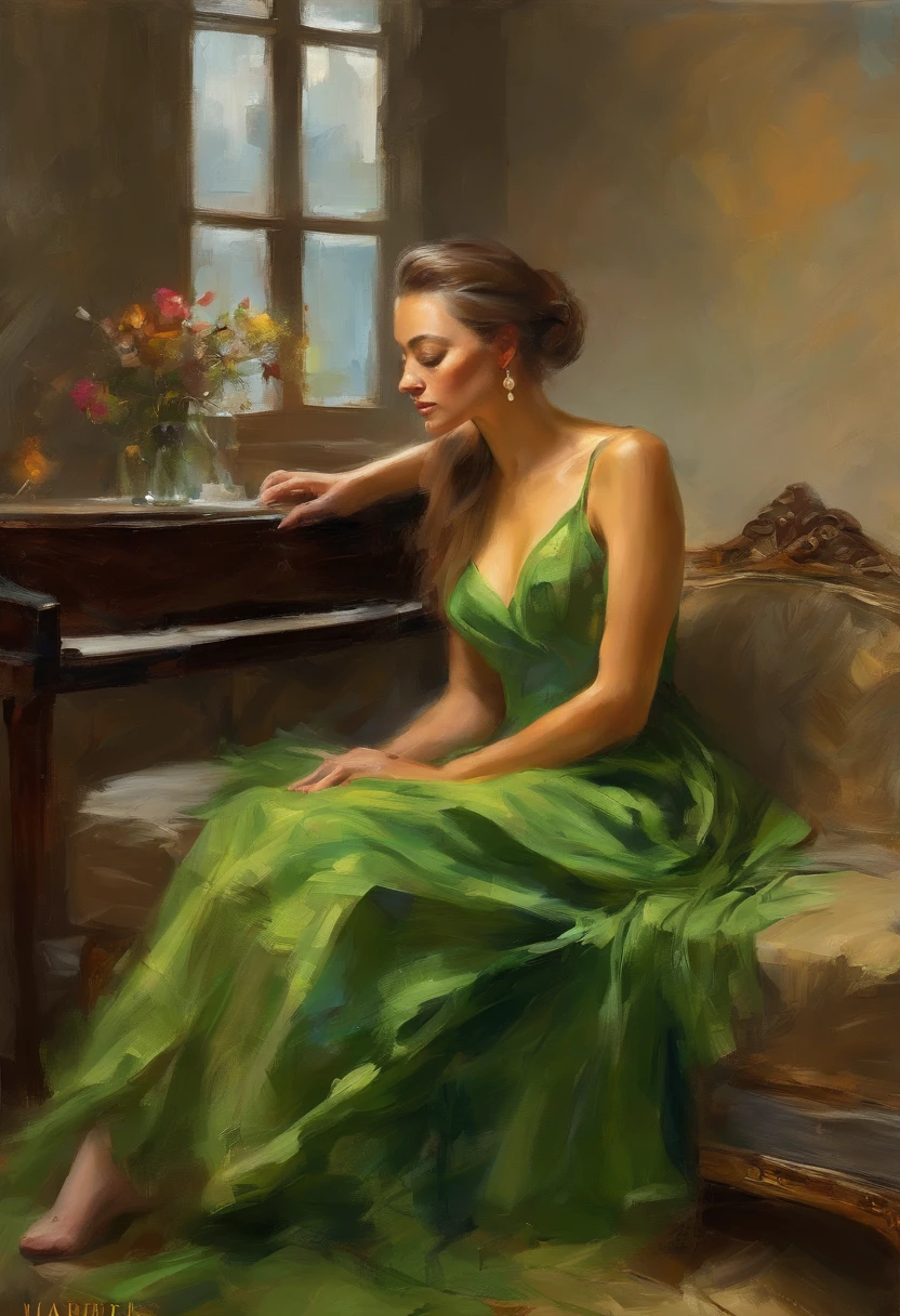 A painting of a woman with her eyes closed, leaning on her hand smiling, wearing a beautiful green dress, with exposed cleavage, ((golden ratio}} laying on the sofa after a long night on the town, a sensual painting, a Beautiful expressive painting, Wadim Kashin. Ultra photo realism, Louise Ross, digital painting art, Perceptual digital painting, Stylish digital painting, Bonito painting, glossy digital painting, beautiful digital painting, digital art painting, Fine paintings, ((Rod acrylic paint)).