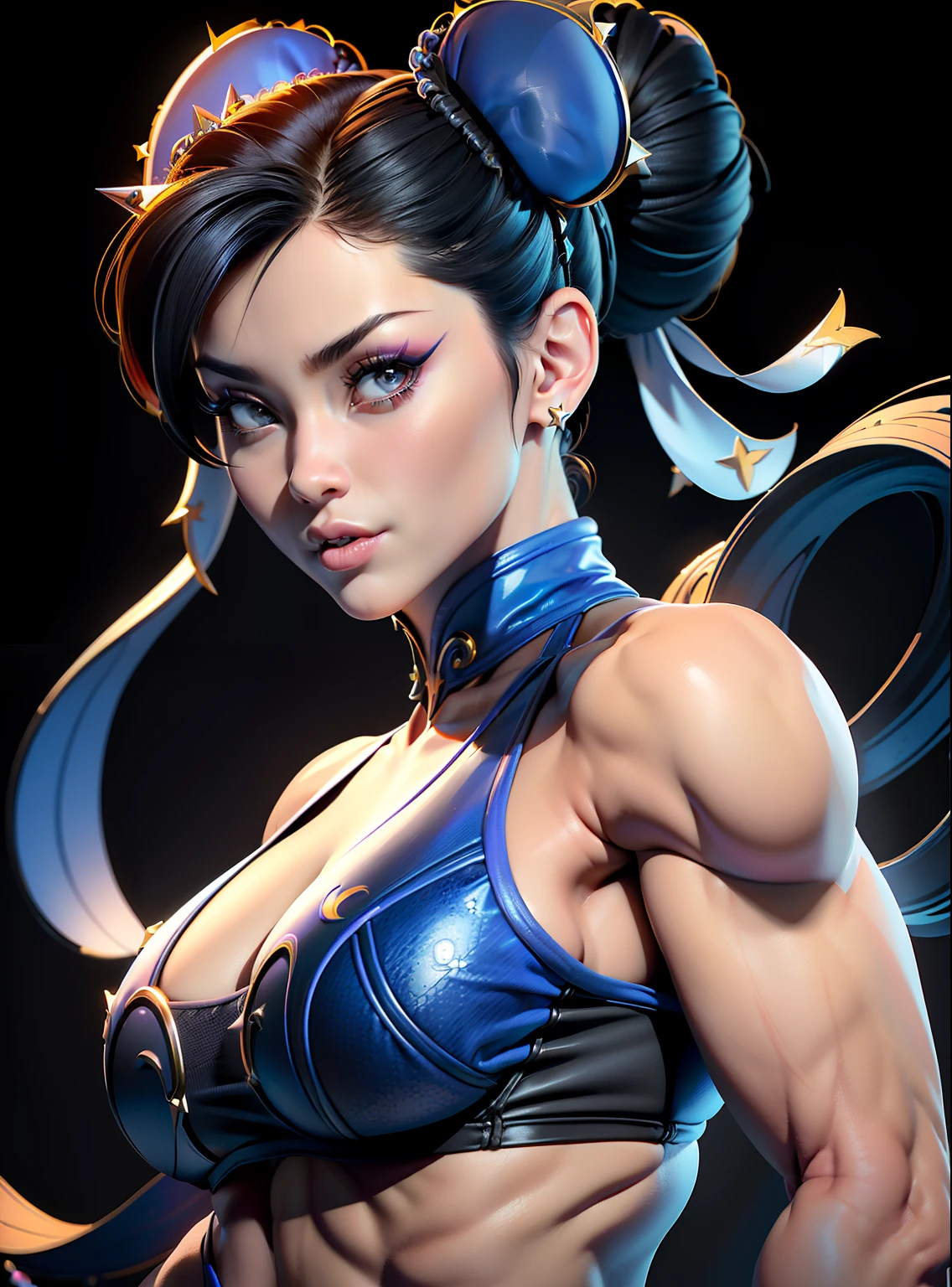 ((Best quality)), ((Masterpiece)), ((Realistic)) and ultra-detailed photography of a girl with goth colors. Chun- li, ((Chun- li)), dressed in (small black micro-thong, black micro-bikini:Star motif ) , ((Beautiful and aesthetic)), muscular fit body abs, Sexy, under-boobs, Hot, (Cream gradient background)