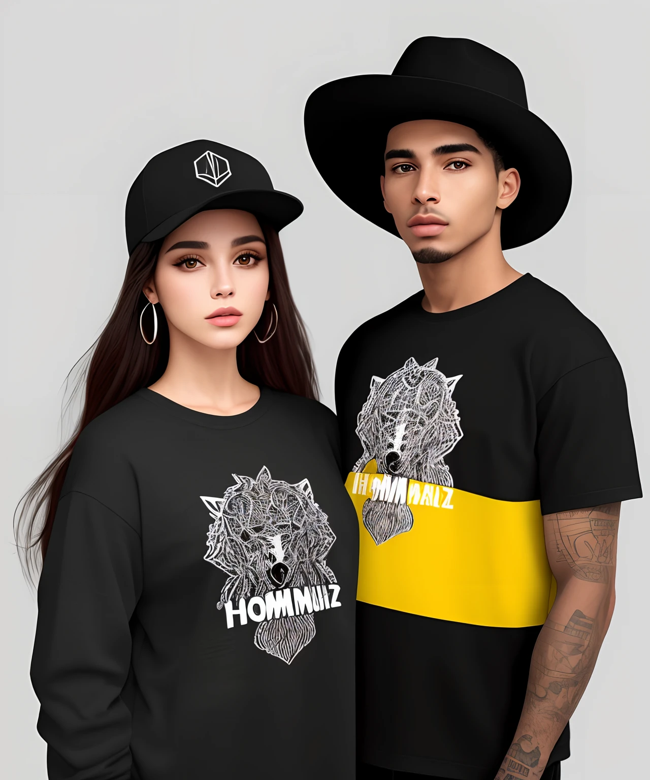 It creates for me an artistic image in the style of a unisex clothing brand logo , homem negro e mulher branca