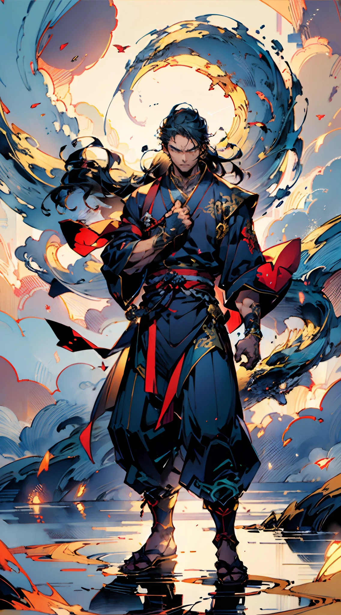 A man with disheveled long hair, a cascade of unruly locks, a handsome countenance, a carefree expression, tall and slender, wears a light-colored Chinese-style undershirt, over which he layers a loose dark-colored long daoist robe, long and wide sleeves, wears dark pants, surrounded by colorful clouds and mist, stands amidst a colorful sea of clouds and mist, this character embodies a finely crafted fantasy-style Chinese martial artist character in anime style, characterized by an exquisite and mature manga illustration art style, high definition, best quality, highres, ultra-detailed, ultra-fine painting, extremely delicate, professional, anatomically correct, symmetrical face, extremely detailed eyes and face, high quality eyes, creativity, RAW photo, UHD, 8k, Natural light, cinematic lighting, masterpiece:1.5