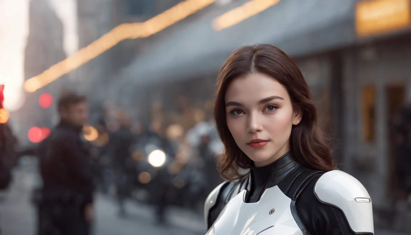 Outstanding picture quality, outstanding details, Ultra-high resolution, (Realism: 1.4), the best illustration, favor details, highly condensed 1girl, with a delicate and beautiful face, Dressed in a black and white futuristic spacesuit, holding a directional controller, On a motorcycle, the background is a high-tech lighting scene of the future city.