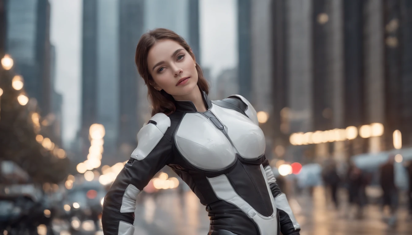 Outstanding picture quality, outstanding details, Ultra-high resolution, (Realism: 1.4), the best illustration, favor details, highly condensed 1girl, with a delicate and beautiful face, Dressed in a black and white futuristic spacesuit, holding a directional controller, On a motorcycle, the background is a high-tech lighting scene of the future city.