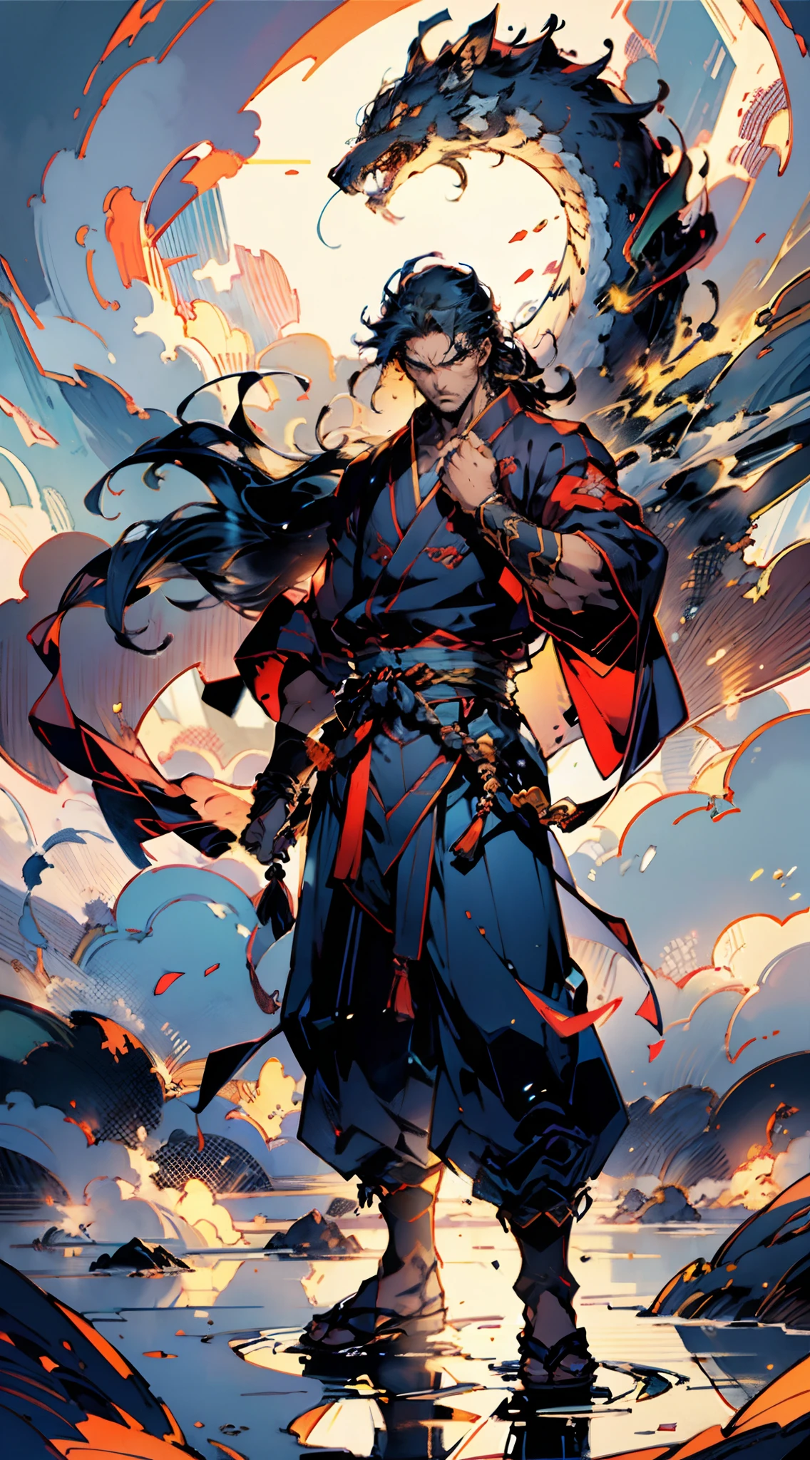 A man with disheveled long hair, a cascade of unruly locks, a handsome countenance, a carefree expression, tall and slender, wears a light-colored Chinese-style undershirt, over which he layers a loose dark-colored long daoist robe, long and wide sleeves, wears dark pants, surrounded by colorful clouds and mist, stands amidst a colorful sea of clouds and mist, this character embodies a finely crafted fantasy-style Chinese martial artist character in anime style, characterized by an exquisite and mature manga illustration art style, high definition, best quality, highres, ultra-detailed, ultra-fine painting, extremely delicate, professional, anatomically correct, symmetrical face, extremely detailed eyes and face, high quality eyes, creativity, RAW photo, UHD, 8k, Natural light, cinematic lighting, masterpiece:1.5