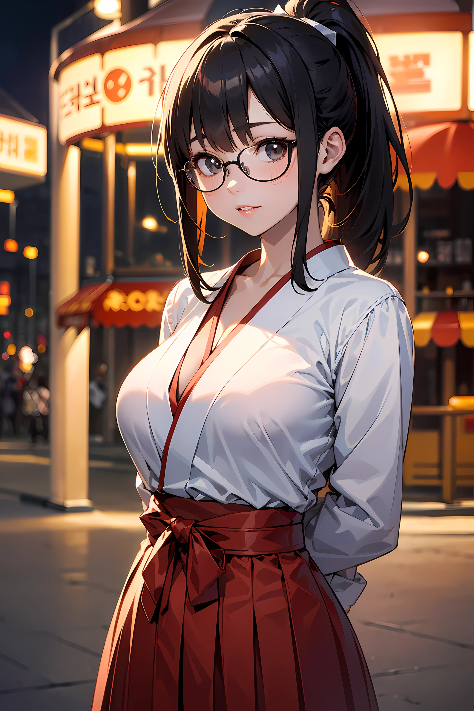 high resolution, Photo of a beautiful woman detailed_face, young handsome girl,realistic:0.5, perfect skin, (wearing a glasses:1.5), (ultra-detailed background, detailed background), bokeh, make happy expressions, happy emotion, gorgeous,pure, beautyfull detailed face and eyes,breasts, (black eyes:1.1), (a extremely pretty and beautiful Japanese woman), (sexy girl), (professional attire:1.3), (22 years old: 1.1), BREAK, (miko outfit:1.2), (Japanese clothes:1.2), (white dogi:1.2), (red hakama:1.2), (leather boots))), cleavage, beautiful detailed skin, (cute:1.2), (blonde hair), ((jpop idol)), (upper thigh:0.6), (depth of field),soft light, Lens Glow looking at viewer, (Drooping eyes:1.2), straight teeth,smile, floating hair, (blond hair:1.2), brown eyes BREAK scene, cinematic, full colors, 4k, 8k, 16k, RAW photo, masterpiece, professionally color graded, professional photography, high school girl, hair up, , soft clean focus, realistic lighting and shading, (an extremely delicate and beautiful art)1.3, elegant,active angle,dynamism pose BREAK (ponytail:1.3), (shiny-black thin hair:1.2), bangs, dark brown eyes, beautiful eyes, princess eyes, (big eyes:1.3), bangs, wearing a glasses:1.3, Hair between eyes, short hair:1.3, (slender:1.1), (medium-breasts:0.95), (thin waist: 1.15), (detailed beautiful girl: 1.4), Parted lips, Red lips, full-make-up face, (shiny skin), ((Perfect Female Body)), (upper body image:1.3), Perfect Anatomy, Perfect Proportions, (most beautiful Korean actress face:1.3, extremely cute and beautiful Japanese actress face:1.3), ,(1glasses girl:1.3, solo), ,(blush:1.1), gray background, solo focus, (bust shot:1.2), cinematic light, (nostalgic night scene:1.4), (amusement park:1.4), (merry-go-round、the Ferris wheel、rollercoaster), (arms behind back :1.4), (looking at viewer:1.2