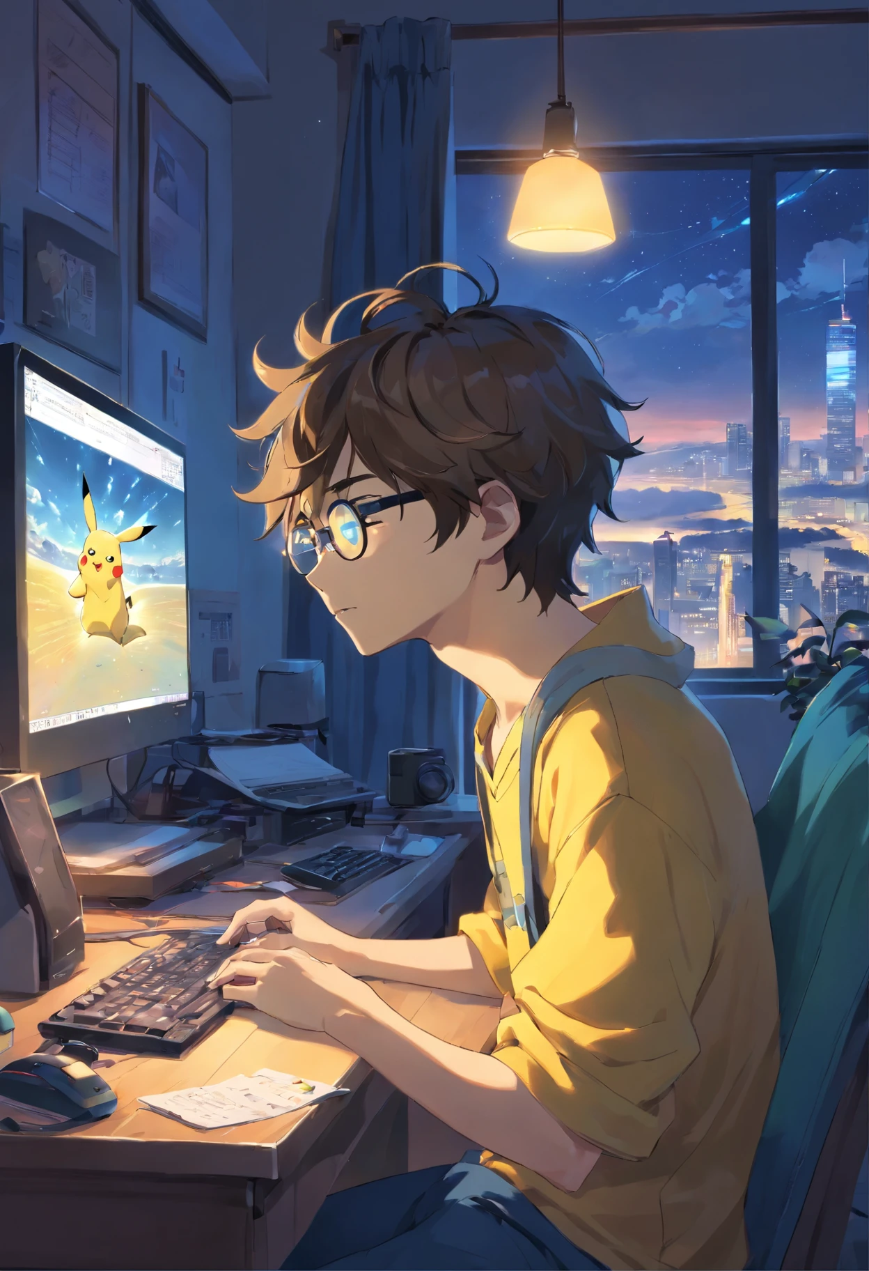 homem jovem, with wavy hair wearing glasses and playing at the computer in the bedroom, com um pikachu no colo de noite