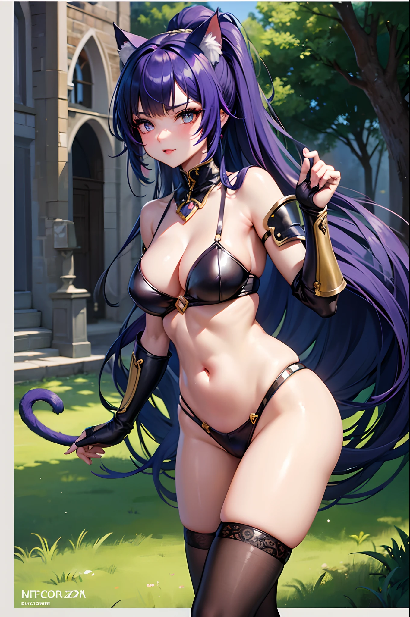Furry cat girl with a ponytail, (cat-like tail), seductively exploring a medieval fantasy castle, revealing a highly detailed face and captivating eyes, dressed in provocative micro armor, visible navel, surrounded by vibrant and colorful scenery, rendered in stunning 4k quality.