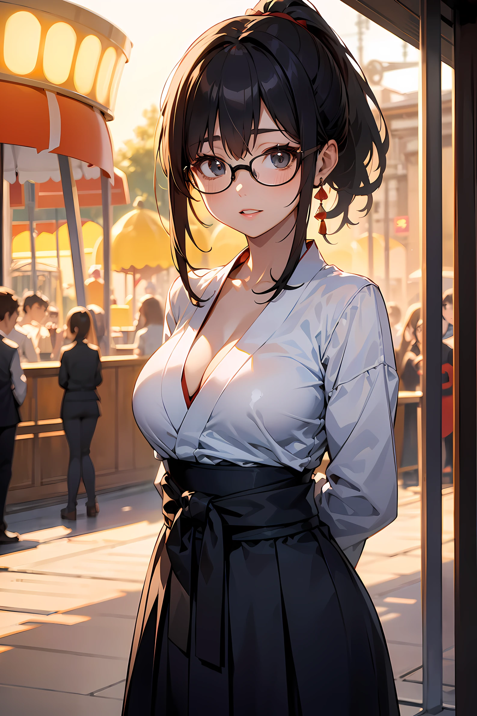 high resolution, Photo of a beautiful woman detailed_face, young handsome girl,realistic:0.5, perfect skin, (wearing a glasses:1.5), (ultra-detailed background, detailed background), bokeh, make happy expressions, happy emotion, gorgeous,pure, beautyfull detailed face and eyes,breasts, (black eyes:1.1), (a extremely pretty and beautiful Japanese woman), (sexy girl), (professional attire:1.3), (22 years old: 1.1), BREAK, (miko outfit:1.2), (Japanese clothes:1.2), (white dogi:1.2), (red hakama:1.2), (leather boots))), cleavage, beautiful detailed skin, (cute:1.2), (blonde hair), ((jpop idol)), (upper thigh:0.6), (depth of field),soft light, Lens Glow looking at viewer, (Drooping eyes:1.2), straight teeth,smile, floating hair, (blond hair:1.2), brown eyes BREAK scene, cinematic, full colors, 4k, 8k, 16k, RAW photo, masterpiece, professionally color graded, professional photography, high school girl, hair up, , soft clean focus, realistic lighting and shading, (an extremely delicate and beautiful art)1.3, elegant,active angle,dynamism pose BREAK (ponytail:1.3), (shiny-black thin hair:1.2), bangs, dark brown eyes, beautiful eyes, princess eyes, (big eyes:1.3), bangs, wearing a glasses:1.3, Hair between eyes, short hair:1.3, (slender:1.1), (medium-breasts:0.95), (thin waist: 1.15), (detailed beautiful girl: 1.4), Parted lips, Red lips, full-make-up face, (shiny skin), ((Perfect Female Body)), (upper body image:1.3), Perfect Anatomy, Perfect Proportions, (most beautiful Korean actress face:1.3, extremely cute and beautiful Japanese actress face:1.3), ,(1glasses girl:1.3, solo), ,(blush:1.1), gray background, solo focus, (bust shot:1.2), cinematic light, (nostalgic night scene:1.4), (amusement park:1.4), (merry-go-round、the Ferris wheel、rollercoaster), (arms behind back :1.4), (looking at viewer:1.2