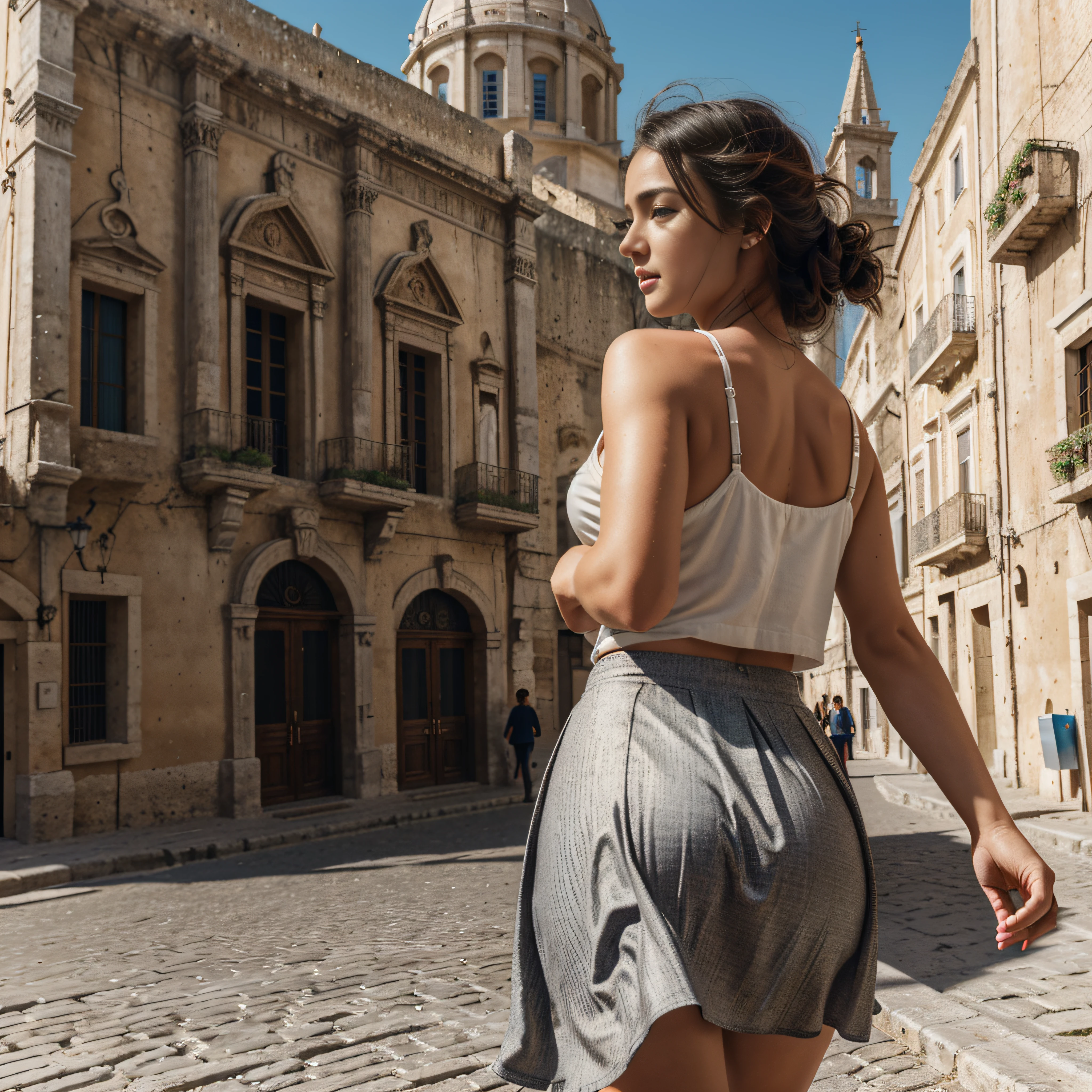 (YES NSFW), Girl wears a medium skirt, windyupskirt, wind moves skirt showing her perfect ass. Beautiful perfect face. Closed eyes, slightly open mouth, smooth skin, real pores, (windyupskirt), stretch marks, ((extreme detail)), (ultra-detailed), best quality, ultra high res, (8k, RAW photo, masterpiece, realistic, photorealistic:1.4), 8k uhd, dslr, absurdres, ray tracing, high quality texture, intricate details, detailed texture, finely detailed. Photo of a girl. She runs. She runs down the streets of Matera. Outdoor in Sassi of Matera. Matera's Cathedral in background. Beautiful perfect face. smooth skin, real pores, from behind, looking back at the viewer, best quality, fine details, {{masterpiece, best quality, extremely detailed CG, unity 8k wallpaper, cinematic lighting, lens flare}}.