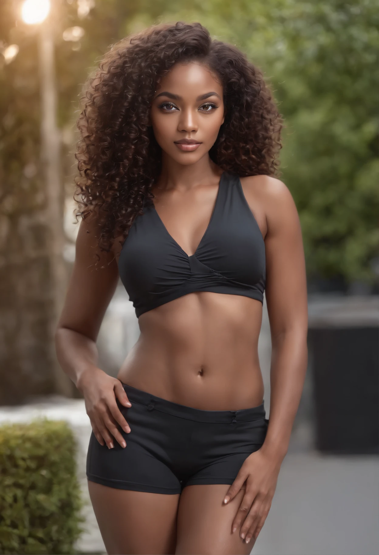 Perfecr corps, debout, Photographie fine, dark skinned, curly hair, afro, jupe, hanches larges sexy, beau corps, ((Dark African skin, Very deep ebony skin)), ((Its beauty is undeniable)), ((cute excited face)), ((Hyper detailed perfect eyes,)), ((Pose mignonne)), (( grosse poitrine )), ((Langue sortie)), ((attractif )), sexy, (( Tight knit shirt, shorts courts sexy)), ((Afro African long curly,)), ((Revealing belly)), ((debout, Vue de face)), ((Toucher ses propres jambes dans une pose sexy)), ((outside, in a nightclub)), CGI ciblé, Fotorrealista, High detail, Realstic, Best quality, Hdr, highly quality, high-definition, extremly detailed, 8k wallpaper, intricate high detail, 8K UHD, Full-HD, (photo realist: 1.2), contraste, intense illumination, lighting cinematic, natural lighting, hard light, backlight, Illumination globale, occlusion ambiante