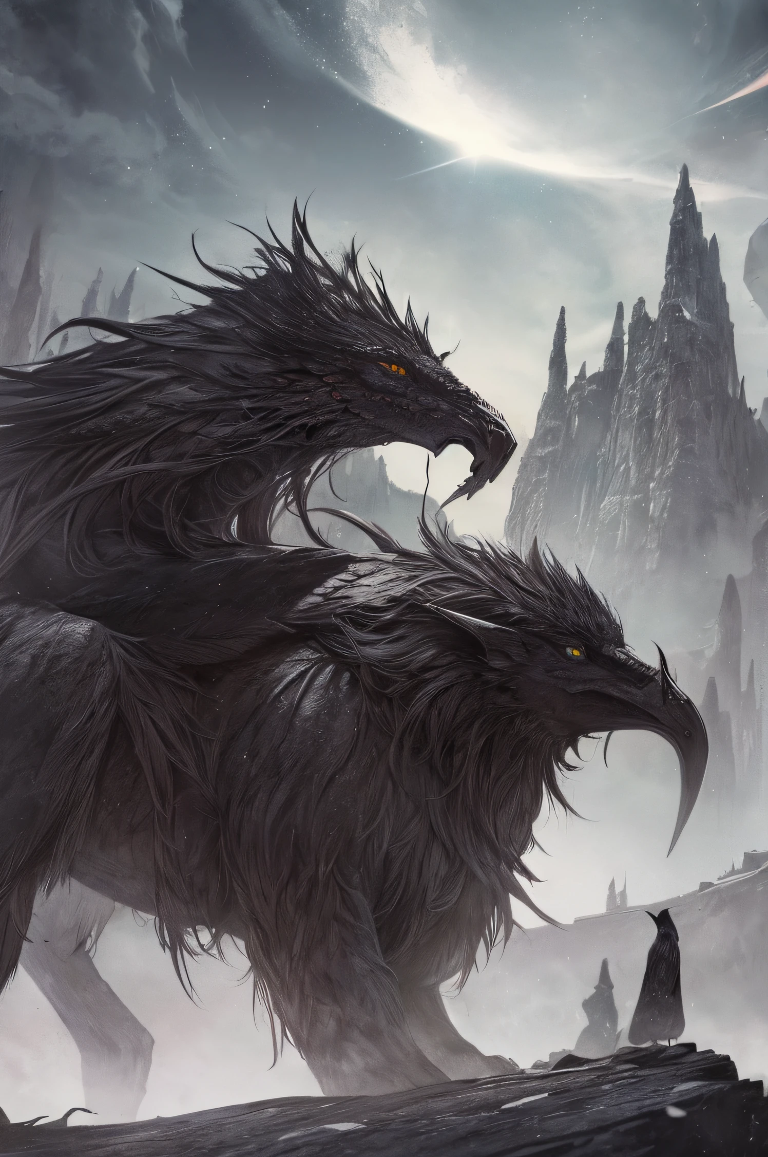 Cold scenario, Dark, death, Odin, fantasy creature, Scary creature, rocks, Dry, Dead Tree,mountain, Wallace, mist, spectral,Magic, Scary, Crows, intimidating,Inposing, superior, an artistic, Clouds, The Scary Way, Danger, ombre, dynamic, rich composition, Intricate, Detailed, shelter,landscape, Sketch, Incredibly beautiful sky, stars in thr sky,