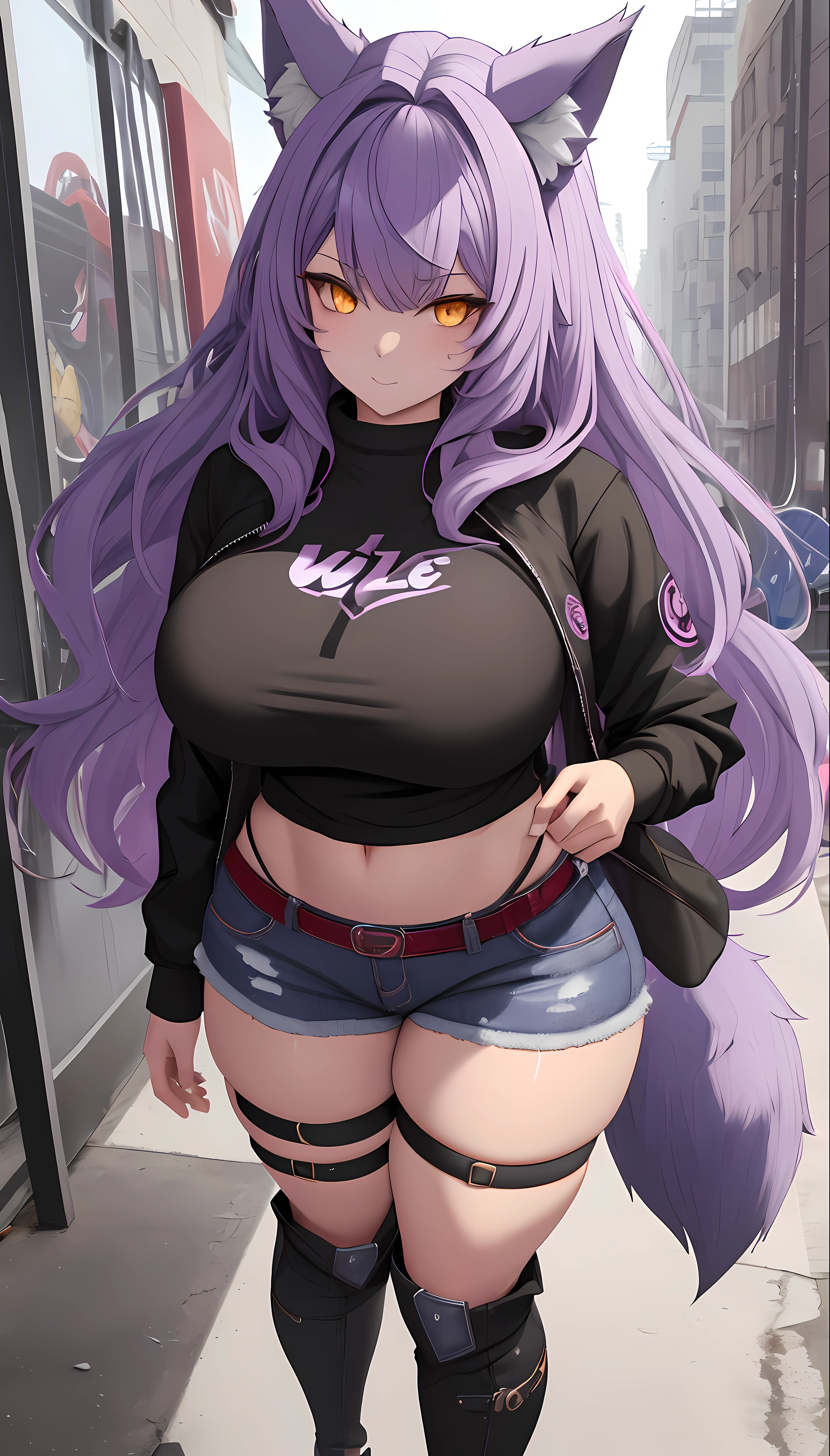 one woman, wolf girl, wolf ears, wolf tail, violet hair, strong, firm body, thick thighs, big breasts, muscular arms, casual clothes, sfw, sexy, full body, masterpiece, highly detailed, tall woman,
