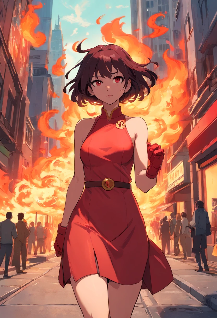 female Hellboy in the city, wearing a Red dress, Perfect Body, Perfect face, Perfect hands, Perfect, Legs, In a City in Fire, detailed and Intricated, bioluminicense, HD