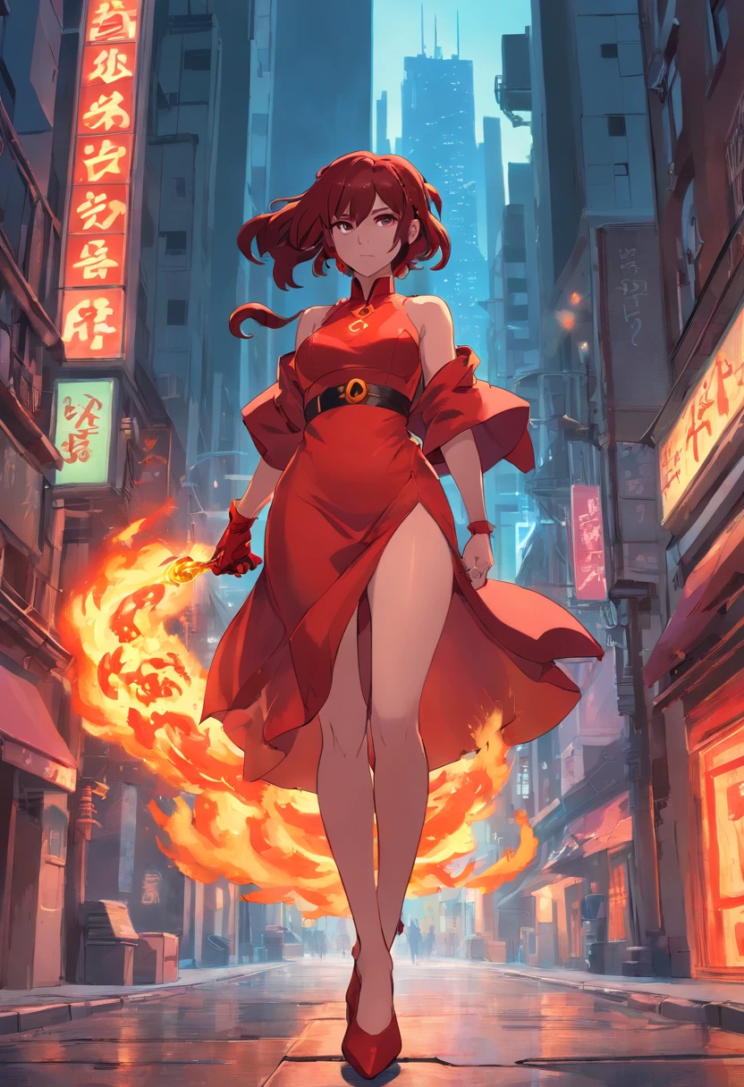 1 woman, 4, hair as black as night (((night black))), wearing a beautiful red dress (((blood red))), close to her body, enhancing her curves, very large breasts, V-neck that goes up to her navel, walking down a street at night, with gates with yellow lights (((yellow gold))), the lighting making her very sensual and unique., greek_clothes_peplos_