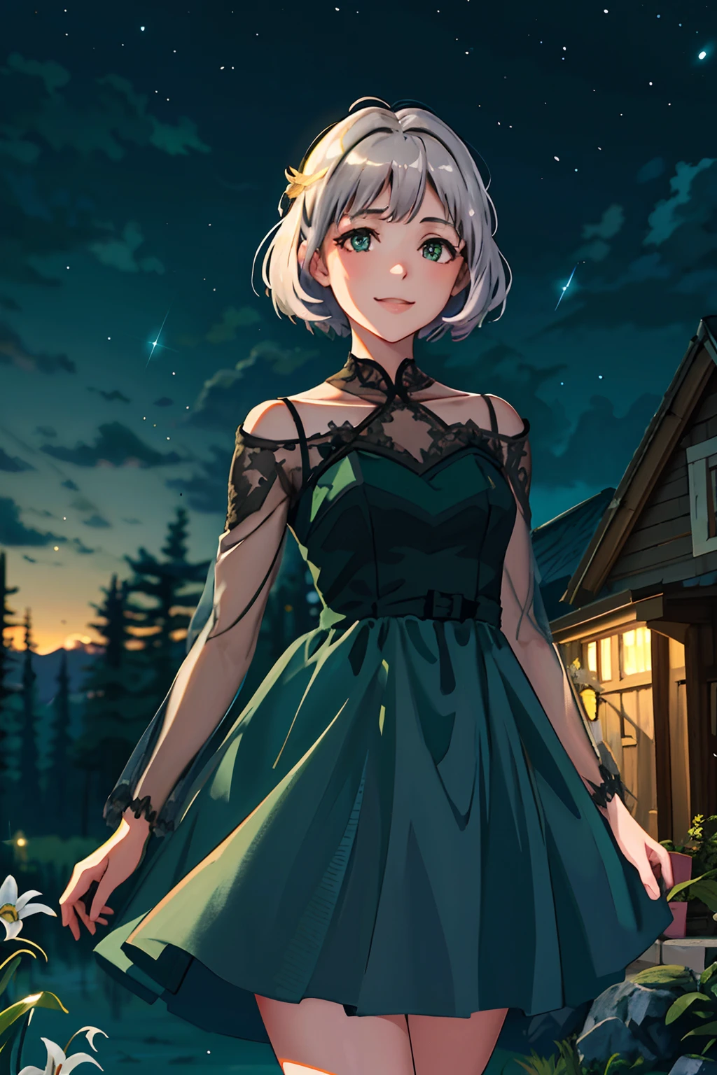 (highres, best quality:1.2), 1girl, radiance, soft contours, beautiful drawing, upper body, concept art, eyelashes, kyoani hyouka style, detailed background, bright colors,
sanya v. litvyak, smile, short fluffy silver hair, green eyes, open shoulders,
((black dress)), lily hairpin in hair, night sky, stars, flickering fireflies