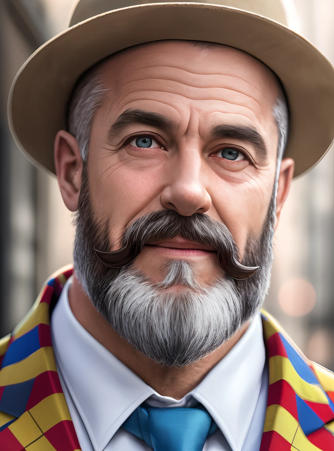 **An clown dressed in a good funny suit, semi-bald, with a trimmed, european of 39 years old, look to camera, medium graying beard, shot with Sony Alpha a9 II and Sony FE 200-600mm f/5.6-6.3 G OSS lens, natural ligh, hyper realistic photograph, ultra detailed –ar 3:2 –q 2 –s 750 --auto --s2