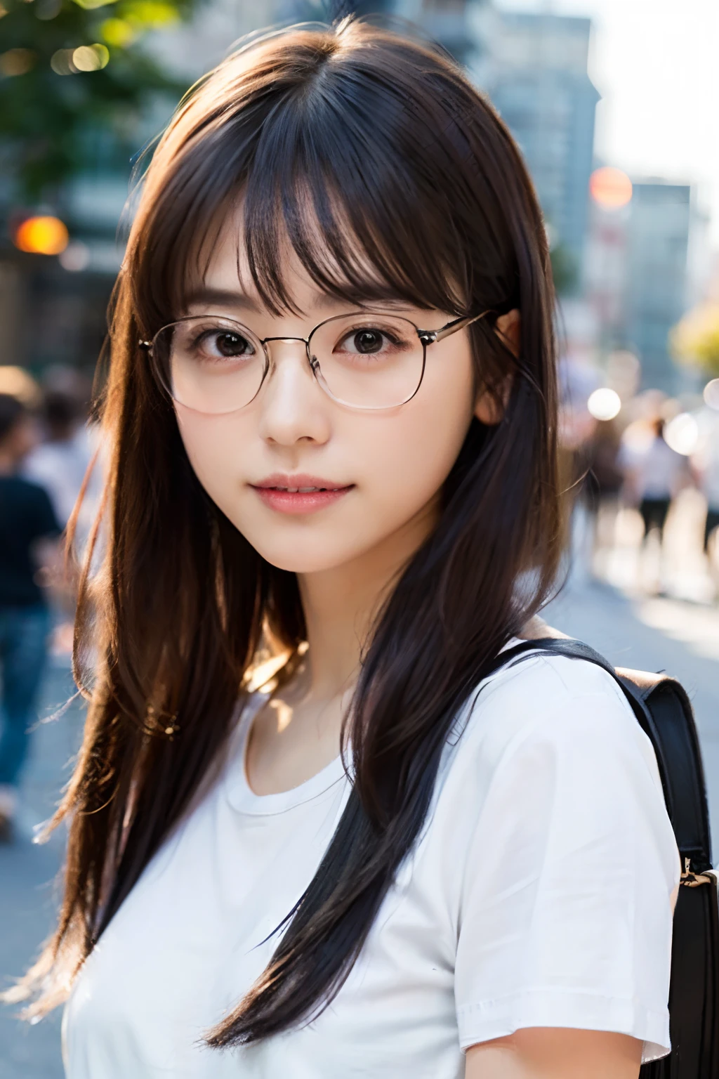 (8K、Raw photography、top-quality、​masterpiece:1.2)、(realisitic、Photorealsitic:1.37)、ultra-detailliert、超A high resolution、 1 人、29yo、see the beholder、beautifull detailed face、Smile、Constriction、(Slim waist) :1.3)、Beautiful detailed skin、Skin Texture、well-shaped breasts、Floating hair、Hair bunched into one、(white t-shirts:1.4)、Professional Lighting、Autumn afternoon、In the street、(((Black square glasses )))、Whole human body、Black hair、((Shameful appearance))、