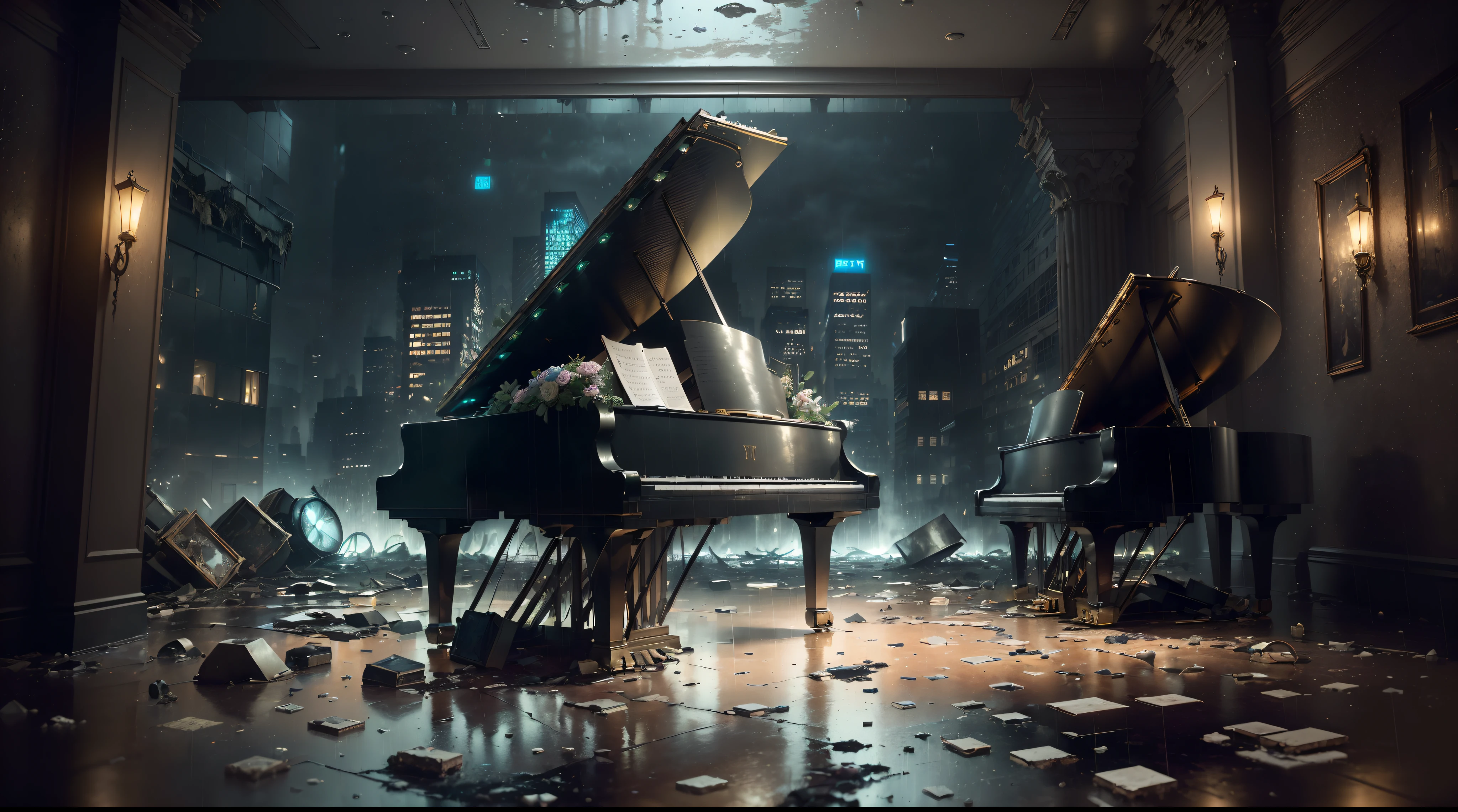 (((Artistic Image, half of the imagem with (Surreal Scene Featuring a Grand Piano Amidst Crumbled Walls, Grand Piano with roofing), half of the image with ((Opening to a Nighttime abandoned Metropolis with skyscraper in Rain), ((raining in the city):1.5), (deteriorated skyscrape), ( skyscrape with slime), ( skyscrape with rust), ((background with deph):1.5), A Dreamlike Atmosphere is Created by Softly Lit Architectural Details, The Piano Sits as a Symbol of Timeless Beauty Amidst Decay, Digital Painting with Elements of Impressionism, High Detail, Wide-Angle Shot, Adding a Hint of Mystery to the Composition))), (path tracing), (cyberpunk), (post apocalyptic), 16k, UHD, max quality, Max Resolution, Ultrarrealista, ultra-detalhado