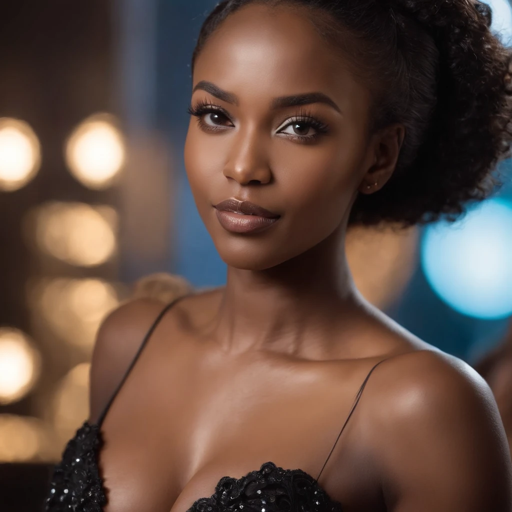 super gorgeous dark African skin perfect female ebony skin, Its beauty is undeniable, Perfect Full Lips Perfect Body Perfect Skin. posing for a photo at night inside a nightclub, ((Excited cute face)), Hyper detailed perfect eyes, Pose mignonne, Sexy seductive, portant une petite robe noire ,African long curly hair afro ponytail, with a perfectly proportioned and curved body, taille c cup sein parfait forme sein, La plus belle femme noire portant des talons