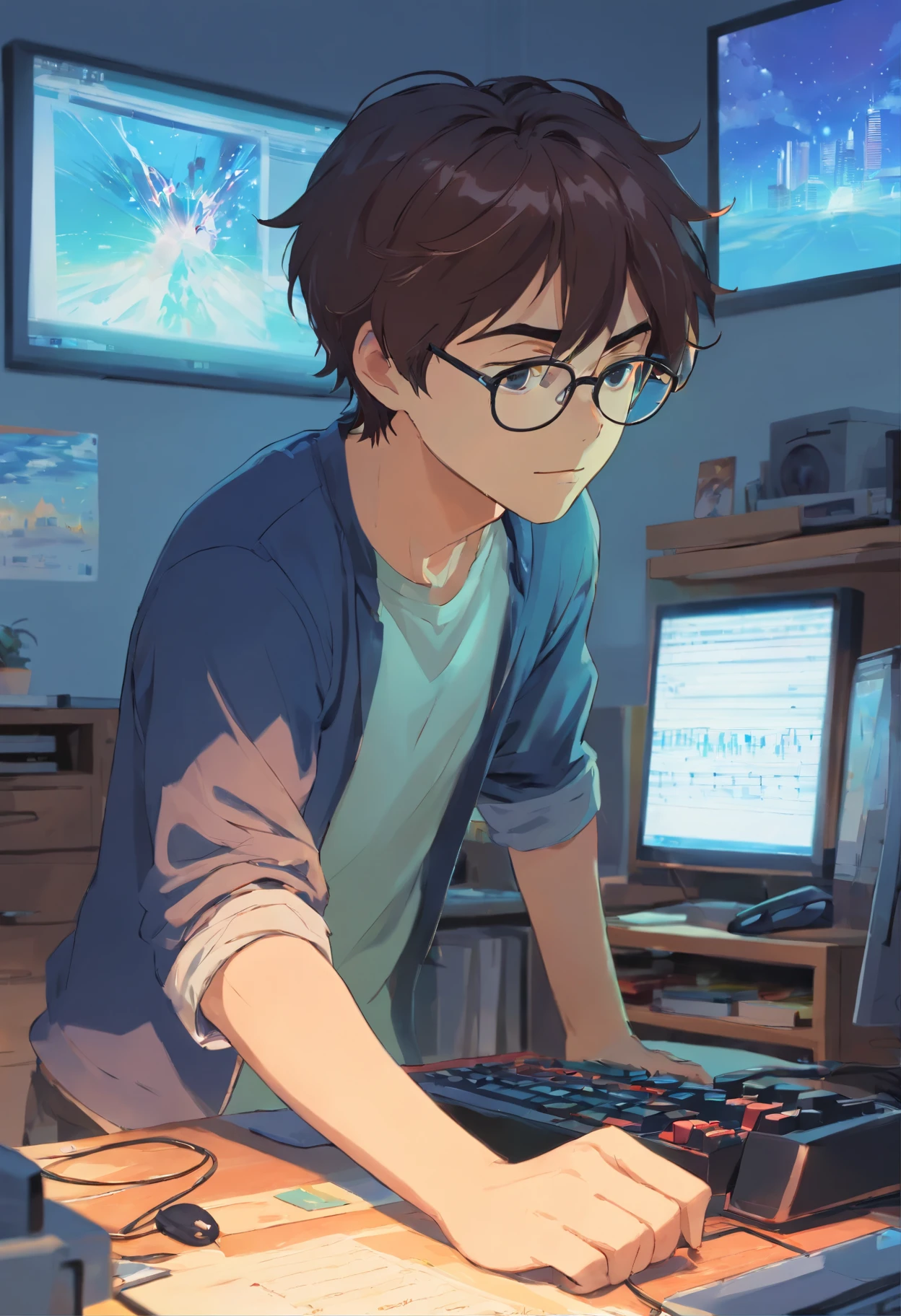 homem jovem, with wavy hair wearing glasses and playing at the computer in the bedroom