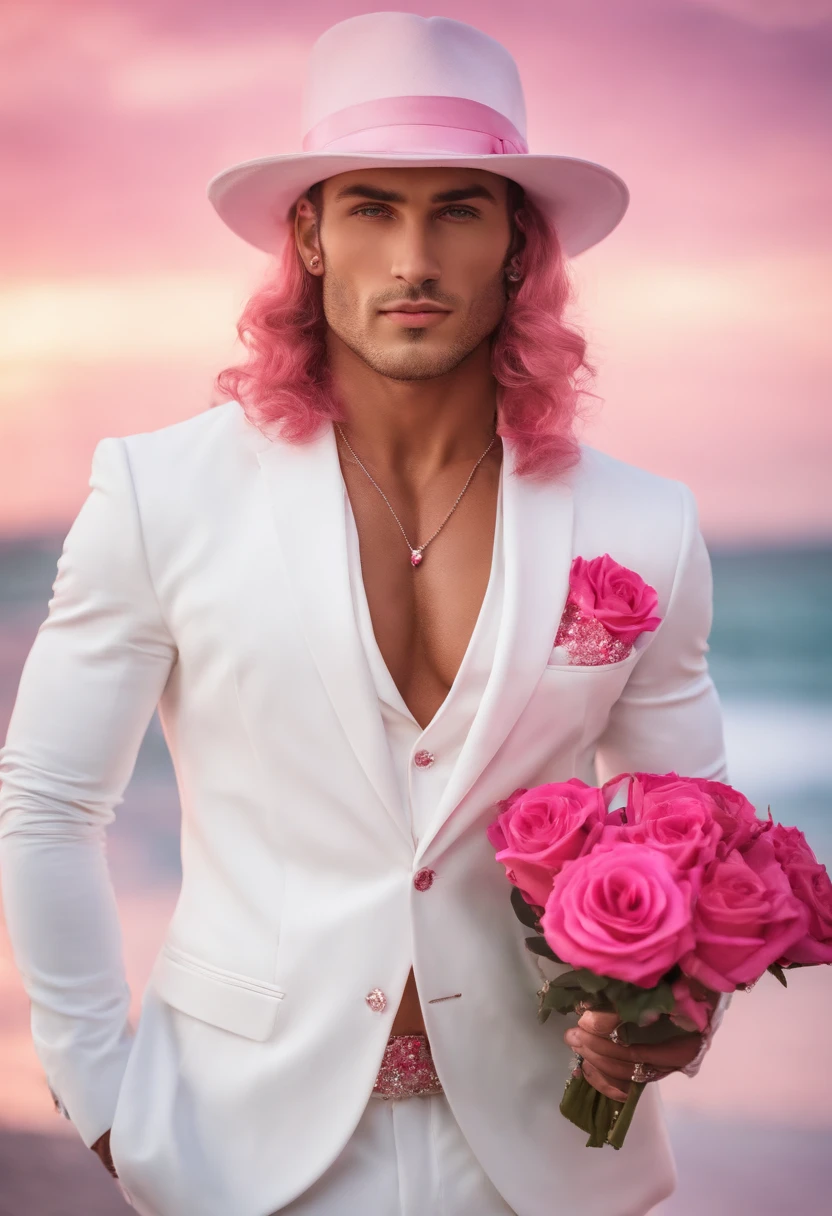sensual attractive man, holding a red rose, white suit, pink eyes detailed with pink glitter, white hat, toned body, sensual look, seductive look, pink dolphin, Brazilian folklore pink dolphin, exposed breasts, long pink hair, seductive smile, seductive look, pink glow