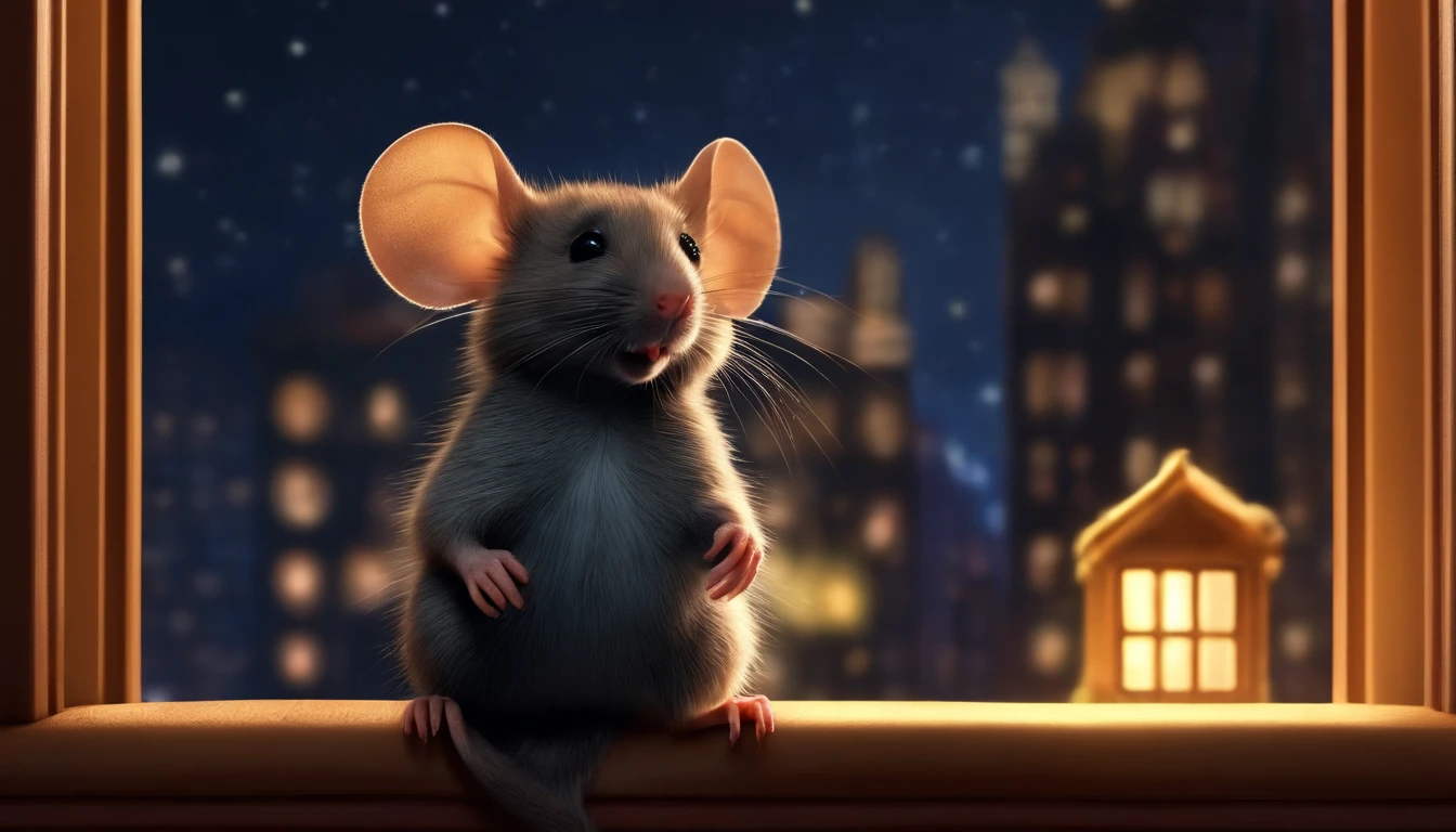 cute mouse sitting in the window sill, nighttime,looking at the new york city lights in the windows,
