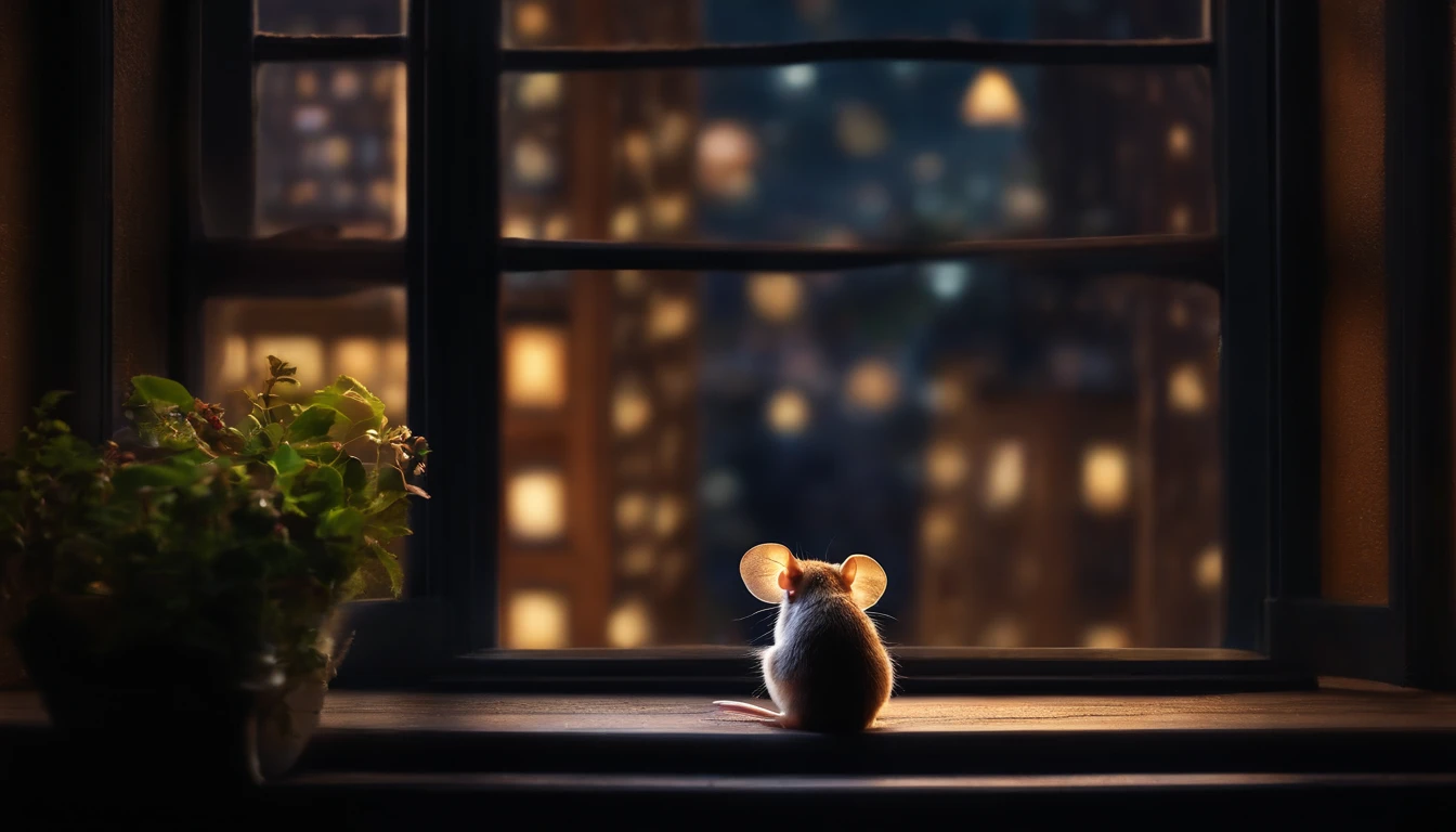 cute mouse sitting in the window sill, nighttime,looking at the new york city lights in the windows,
