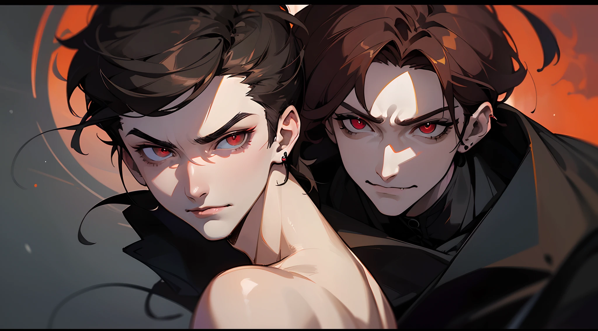 ((tmasterpiece)),(((beste-Qualit))), Close-up of a disgruntled man with brown hair and a white body and a sad girl with long blonde hair standing next to him, character close up, Subsurface scattering skin, Attractive humanoid, (Vampires), no shirt, high detail, stylized portrait, character close up, Only the head and torso, androgynous face, Skinny fantasy man, Fan art, Art, handsome male, pale skin, red-eyes, Skinny face, sunken cheeks, Sharp fangs, A sad deep look, Sad, thought, Looking down, Melancholic appearance, sharp chin, Smooth face, black cloak, Dark clothes, earring in the ear, Hair gradient, hair color from brown to red, thin eyebrows, short hair on the side, Pixie hairstyle, Wavy Hair, Black background, Smoke, haze, bloods