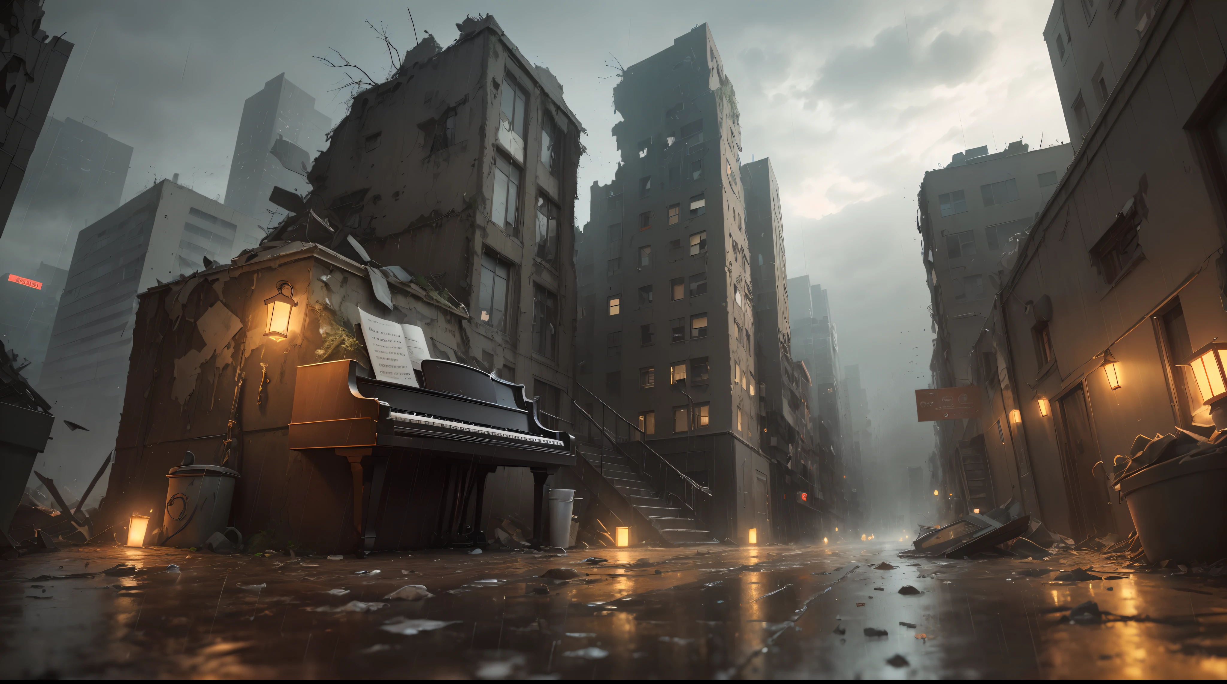 (((Artistic Image, half of the imagem with (Surreal Scene Featuring a Grand Piano Amidst Crumbled Walls, Grand Piano with roofing), half of the image with ((Opening to a Nighttime abandoned Metropolis with skyscraper in Rain), ((raining in the city):1.5), (deteriorated skyscrape), ( skyscrape with slime), ( skyscrape with rust), ((background with deph):1.5), A Dreamlike Atmosphere is Created by Softly Lit Architectural Details, The Piano Sits as a Symbol of Timeless Beauty Amidst Decay, Digital Painting with Elements of Impressionism, High Detail, Wide-Angle Shot, Adding a Hint of Mystery to the Composition))), (path tracing), (cyberpunk), (post apocalyptic), 16k, UHD, max quality, Max Resolution, Ultrarrealista, ultra-detalhado