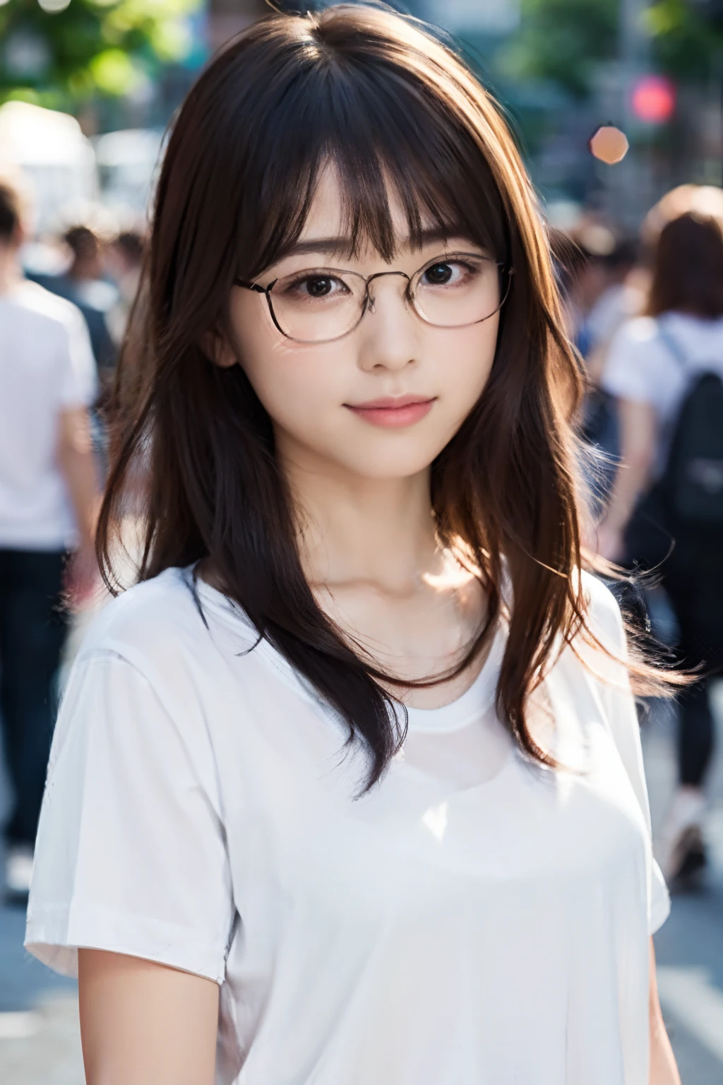 (8K、Raw photography、top-quality、masterpiece:1.2)、(realisitic、Photorealsitic:1.37)、ultra-detailliert、超A high resolution、 1 人、29yo、see the beholder、beautifull detailed face、Smile、Constriction、(Slim waist) :1.3)、Beautiful detailed skin、Skin Texture、well-shaped breasts、Floating hair、Hair bunched into one、(white t-shirts:1.4)、Professional Lighting、Autumn afternoon、In the street、(((Black square glasses )))、Whole human body、Black hair、((Shameful appearance))、