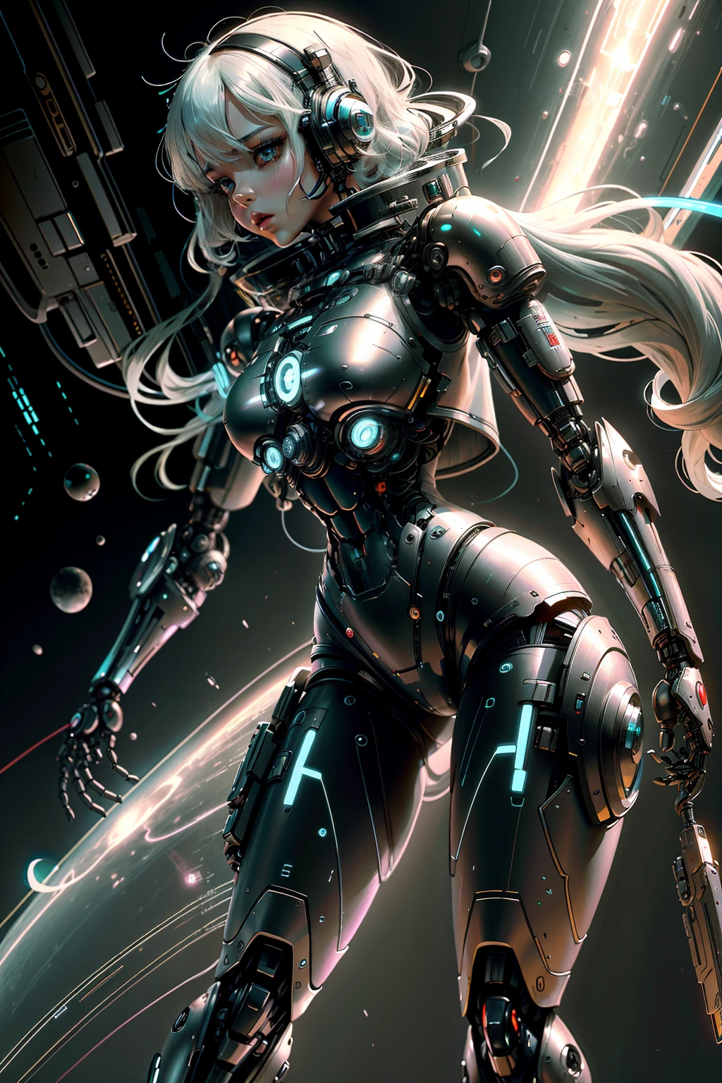 Robot Girl Android Sad Woman Beautiful Girl Cyborg Sadness Anime Style Background Cyberpunk Space City White Hair Lower Human Body Sexy Thighs Short Black Shorts
