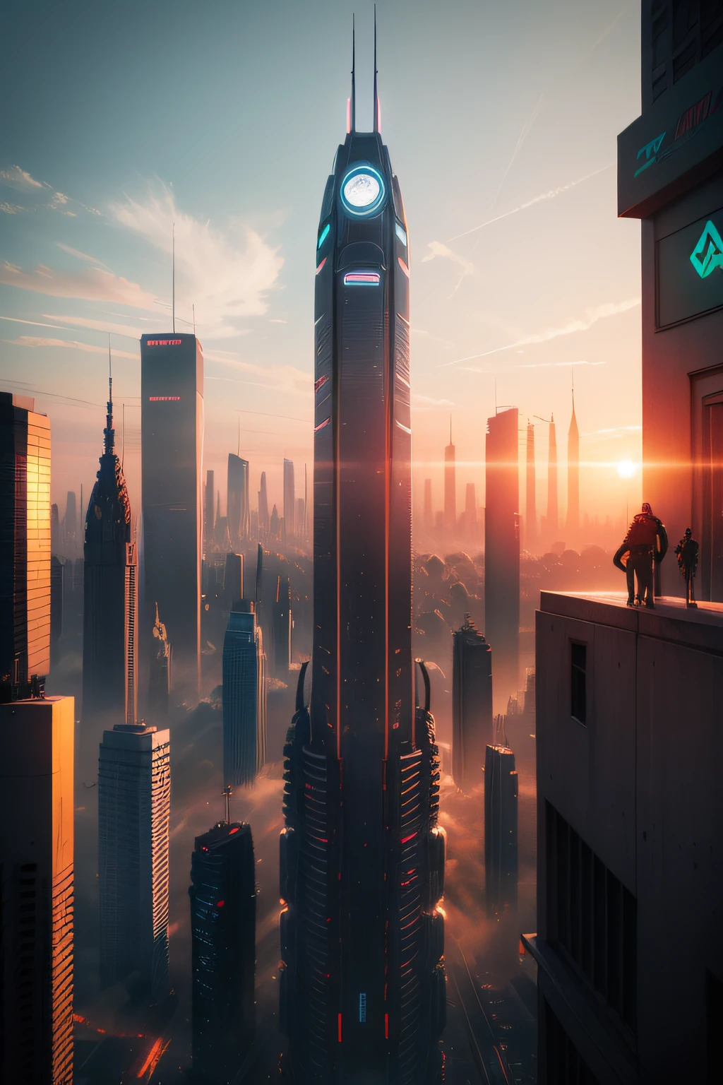 A great photo of a futuristic day of the city's metropolis, Sunset, Ruas Cyberpunk