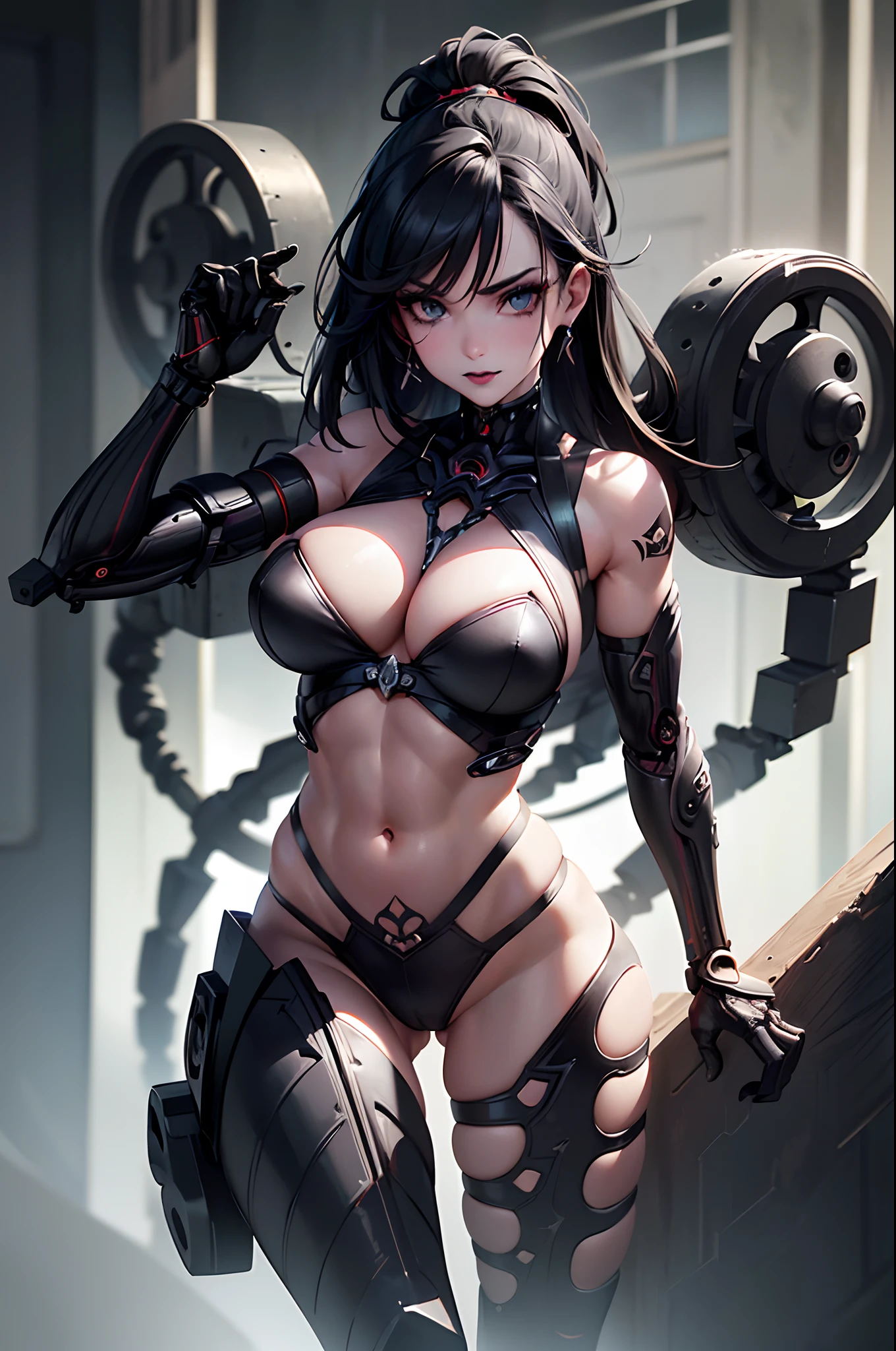 (Hyperrealistic: 1.3), athletic European goth woman, white woman, full body, (biomechanical:1.3), cables, implants, wet exposed skin, exposed abs, masterpiece, (dark: 1.3), darkness, low light, night, cinematic lighting, fil noir, highest quality, sexy woman, (hight teck cyborg:1.2), (enormous perky detailed breasts), feminine, symmetrical, highly detailed, gigapixel, fit, (sharp body), detailed body, on focus, gorgeous face, (black eye makeup), (black lipstick), tattoos, (black hair in dreadlocks), (Simon Bisley), (2000 a.d.), (ABC warriors), (Joe pineapples), ridged, grim, grimdark.