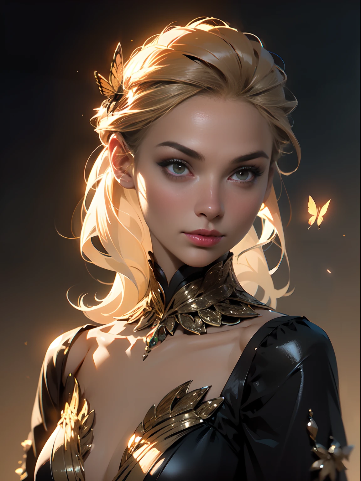 a woman ( she looks 30 years old), mature face, adult, tall, older than 20, with a bow on her head and a dress on her body, with a butterfly on her shoulder, Charlie Bowater, rossdraws global illumination, a character portrait, fantasy art,satin dress,, detailed skin texture, (blush:0.5), (goosebumps:0.5), subsurface scattering, facing the camera, looking forward, body and head straight forward, looking at the viewer