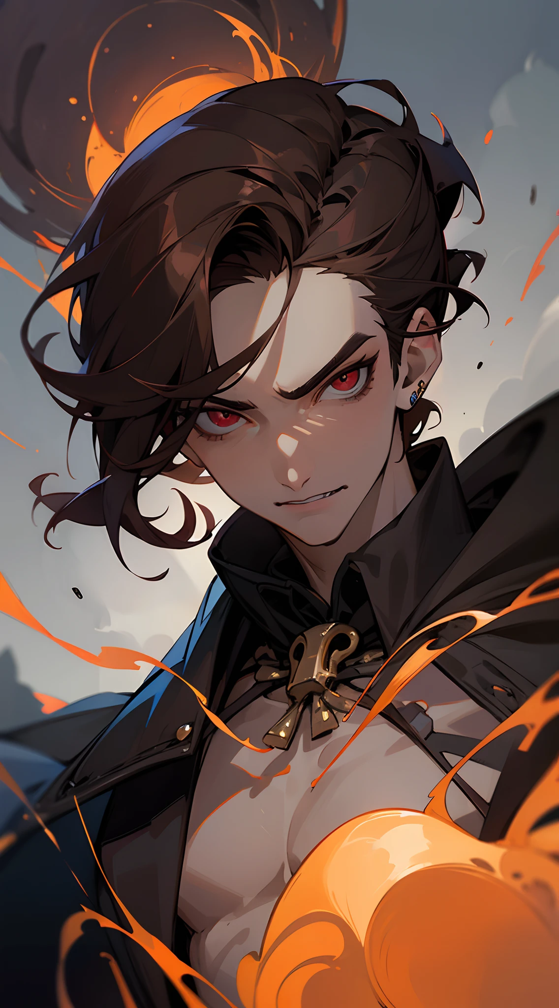 ((tmasterpiece)),(((beste-Qualit))), Close-up of seductive man with brown hair, Grown-up guy, Seductive evil, naked man, ((Kale)), Attractive appearance, Subsurface scattering skin, Attractive humanoid, high detail, Skinny fantasy man, Fan art, Art, handsome male, red eyes, smirk, ssmile, fangs, vampire fangs, small pupils, Skinny face, sunken cheeks, Melancholic appearance, sharp chin, Smooth face, earring in the ear, Hair gradient, hair color from brown to red, thin eyebrows, short hair on the side, pixie hairstyle, Wavy Hair, Skeletons around, calavera, Skeletal creatures, dice, A chilling look, Cool dark shades, Additional lighting, A gloomy picture, Black Darkness, An ominous fire in his eyes, A Necromancer, necromancy, Evil Magic, Black Fire, a closeup of a, clouds in the background, black clouds, Red Moon,8k wall paper,extremely beautiful, (Masterpiece, Top Quality, Best Quality, highest detail, highest detail, official arts, beautiody & aesthetics: 1.2), the golden ratio, Complete squad, official arts, Unity 8k壁纸, Super detailed, Beautiful, (s fractal art: 1.4)
