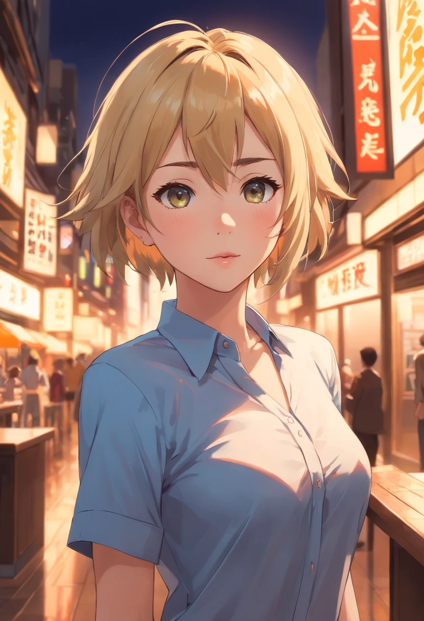 professional, (4k photo:1.1) by (Jeremy Lipking:0.3), (Dittmann Anna:0.3), (Arian Mark:0.3), (Sharp focus:1.3), high detail, wearing (tight shirt:1.2), beautiful detailed face, hazel eyes, short blonde hair, (attractive young woman:1.3), (seductive:1.1), (blushing:1.1), hourglass body shape, natural breasts, wide hips