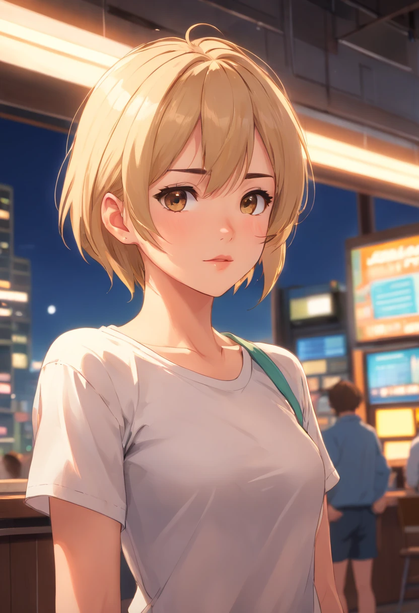 professional, (4k photo:1.1) by (Jeremy Lipking:0.3), (Dittmann Anna:0.3), (Arian Mark:0.3), (Sharp focus:1.3), high detail, wearing (tight shirt:1.2), beautiful detailed face, hazel eyes, short blonde hair, (attractive young woman:1.3), (seductive:1.1), (blushing:1.1), hourglass body shape, natural breasts, wide hips