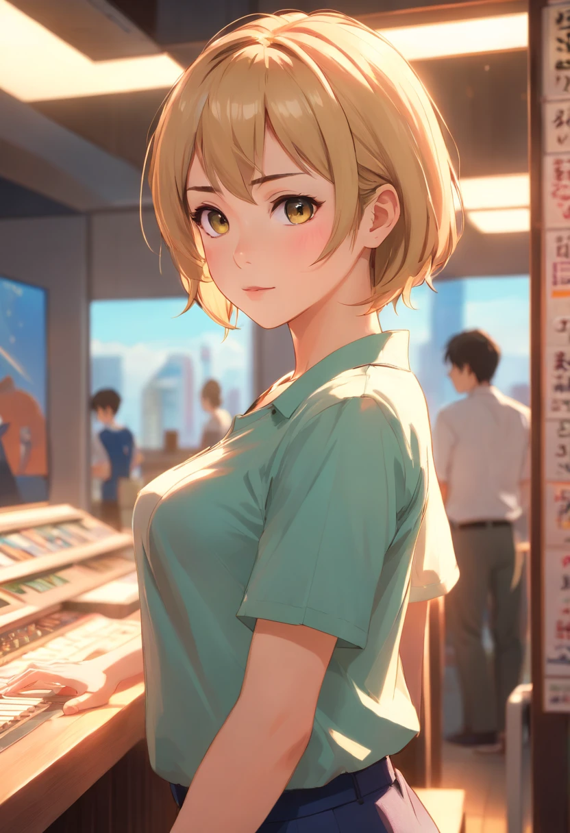professional, (4k photo:1.1) by (Jeremy Lipking:0.3), (Dittmann Anna:0.3), (Arian Mark:0.3), (Sharp focus:1.3), high detail, wearing (tight shirt:1.2), beautiful detailed face, hazel eyes, short blonde hair, (attractive young woman:1.3), (seductive:1.1), (blushing:1.1), hourglass body shape, natural breasts, wide hips